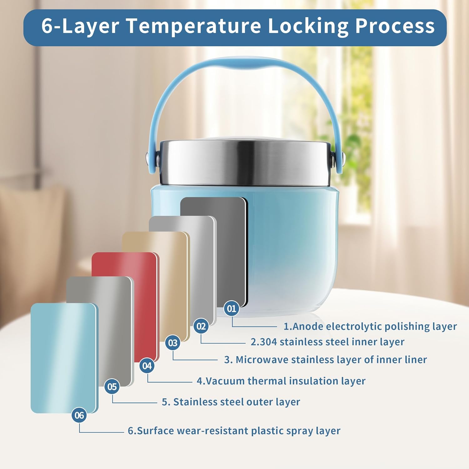 Thermo-Lebensmittelbehälter 1200 ml Fassungsvermögen Warmhaltebehälter Essen Thermoschüssel mit Deckel, Thermo-Brotdose zur Aufbewahrung von Mittagessen, Suppen, Brei (Blau) – Bild 4