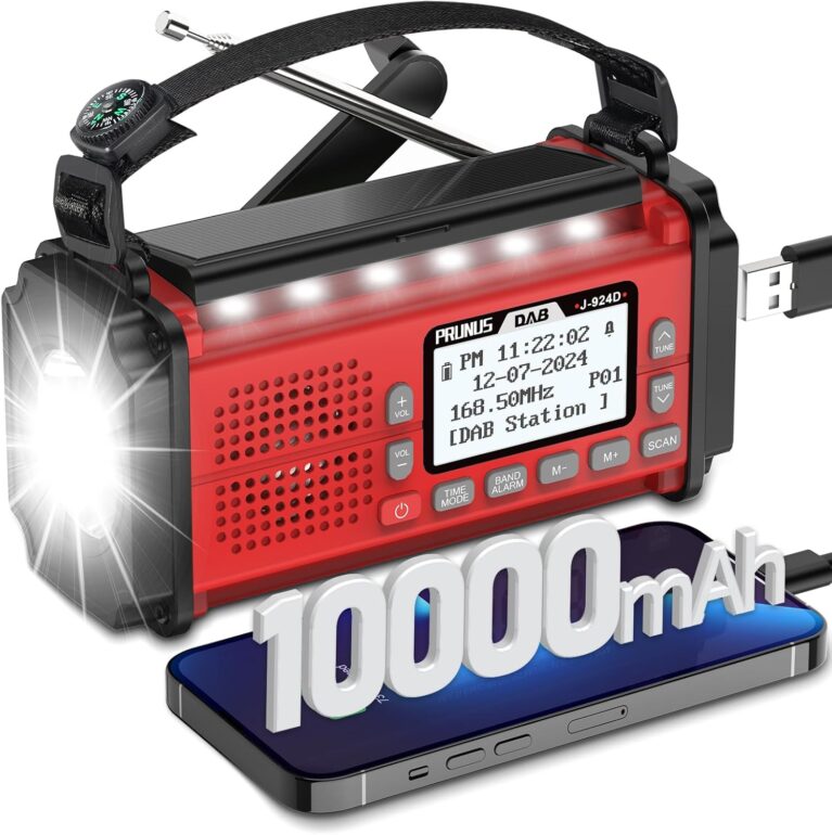 PRUNUS J-924D Digitalradio DAB+/FM, Kurbelradio Notfall mit 10000 mAh Akku, DAB-Radio mit Bluetooth, Notfallradio mit Taschenlampe/SOS-Alarm/Handy-Ladefunktion für Outdoor/Notfall (Rot)