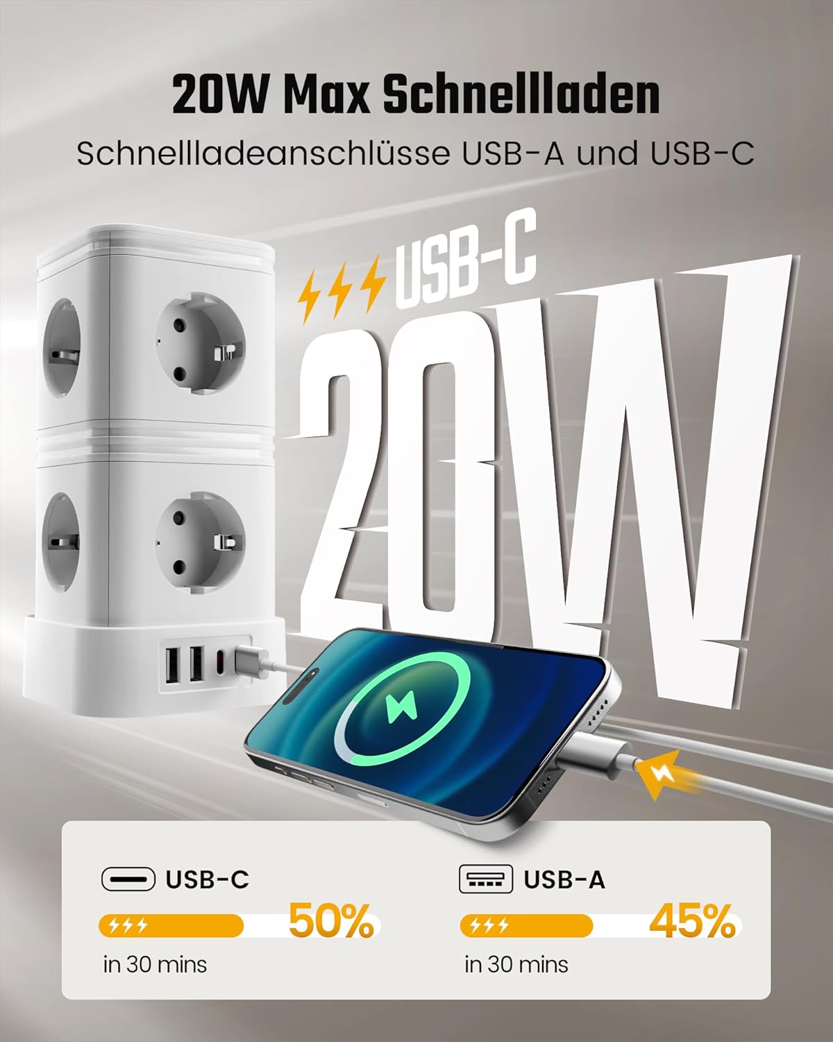 Mehrfachsteckdose Überspannungsschutz, 8-fach Mehrfachsteckdose mit PD 20W USB C, Steckdosenleiste mit Schalter, Steckdosenwürfel mit Verlängerungskabel 2m, 16A/3840W, Weiß – Bild 2