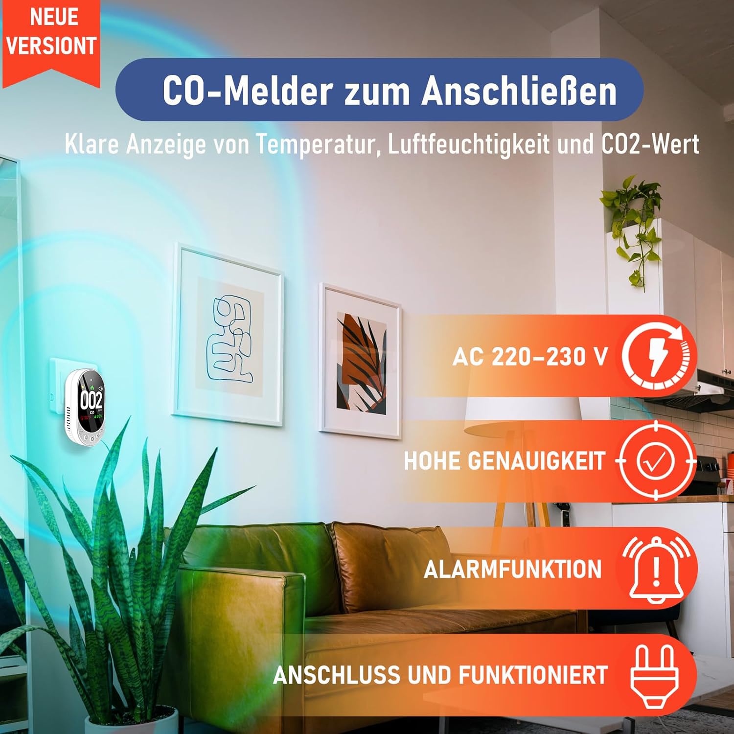 LSENLTY Kohlenmonoxidmelder, CO-Detektor mit HD-Bildschirm und Display, visueller und akustischer Alarm, 3-in-1-CO-Detektor (CO-Gasmessgerät, Temperatur und Luftfeuchtigkeit) für Zuhause und Reisen – Bild 2