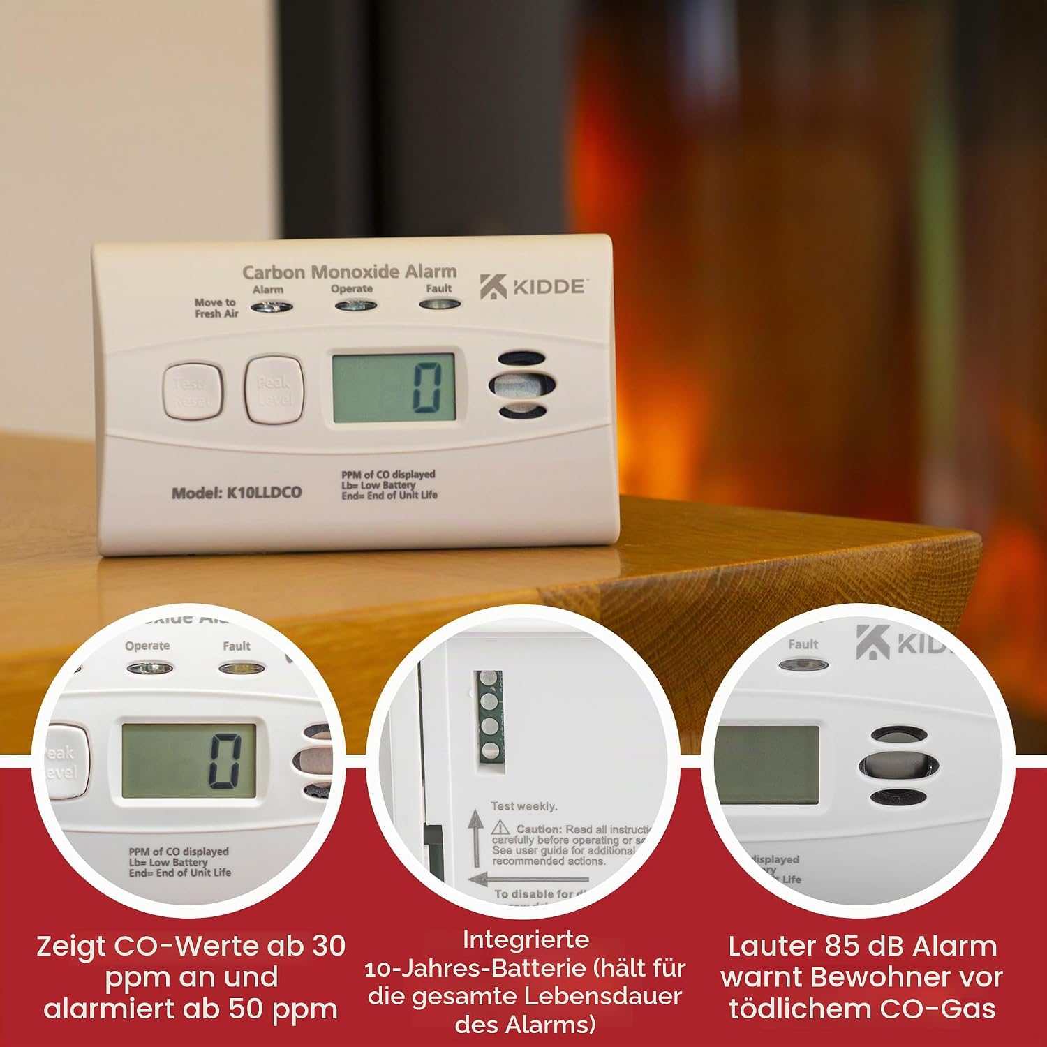 Kidde 10LLDCO Kohlenmonoxidmelder mit digitaler Anzeige und versiegelter Batterie – Bild 4