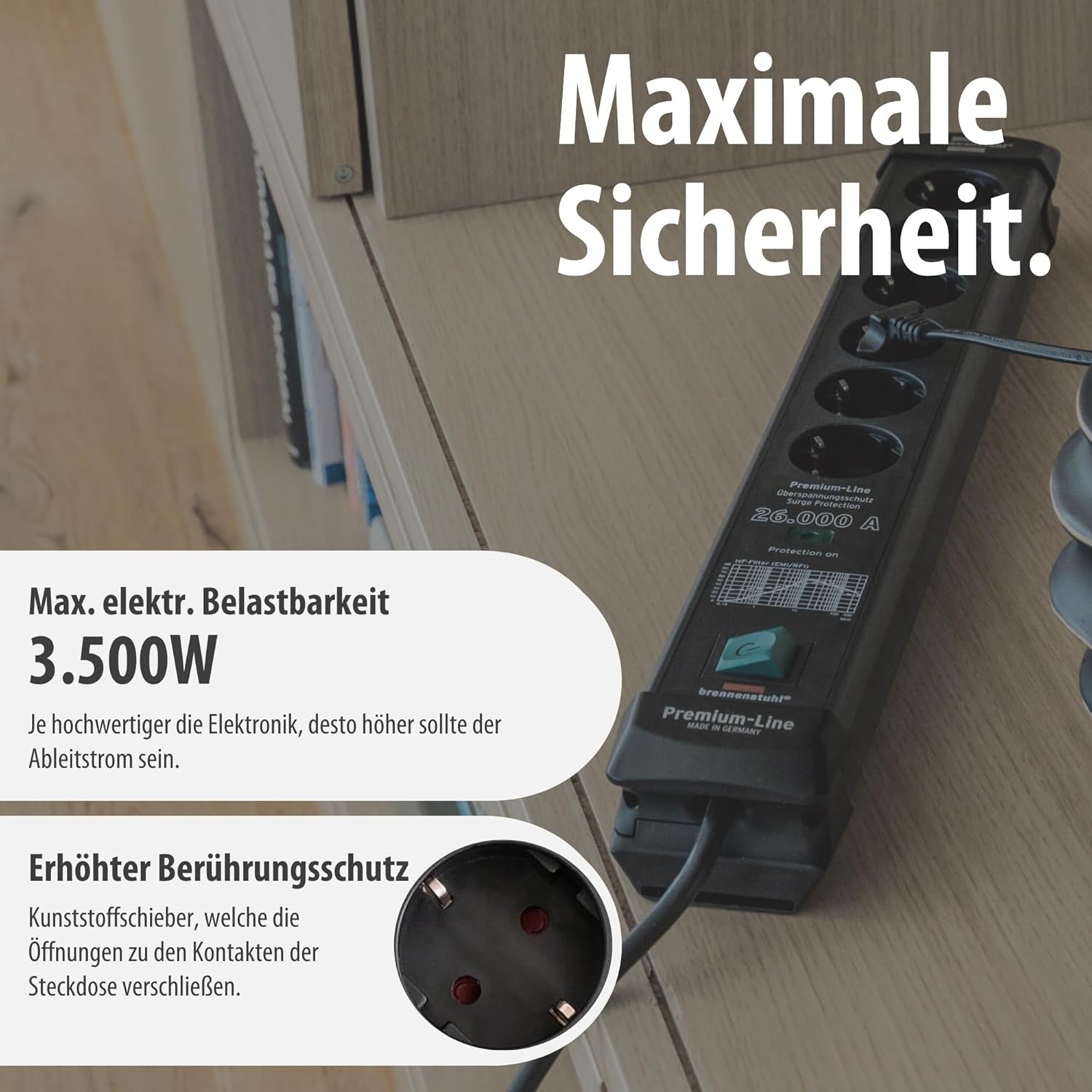 Brennenstuhl Premium-Line Steckdosenleiste 6-fach mit Überspannungsschutz bis zu 26.000 A (Steckerleiste mit 1,8m Kabel und mit Schalter, Made in Germany) schwarz – Bild 6