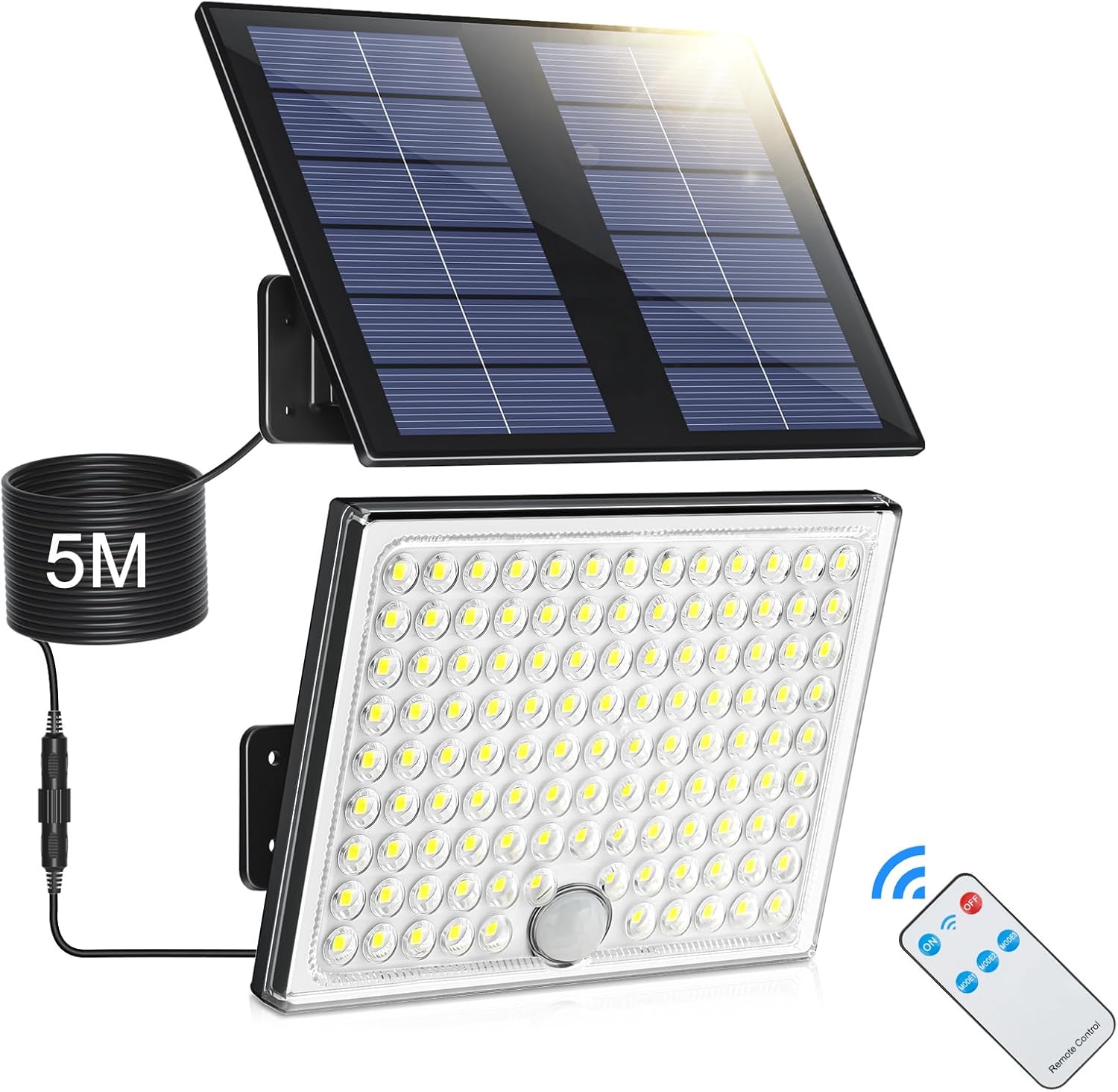 Realky Solarleuchten für den Außenbereich mit Fernbedienung, Außenlampe mit Bewegungsmelder, IP65 wasserdichte Solarleuchte mit 5 m Kabel für Garage, Garten, Hof, Stufen, Haustüren, Rasen – 1 Stück