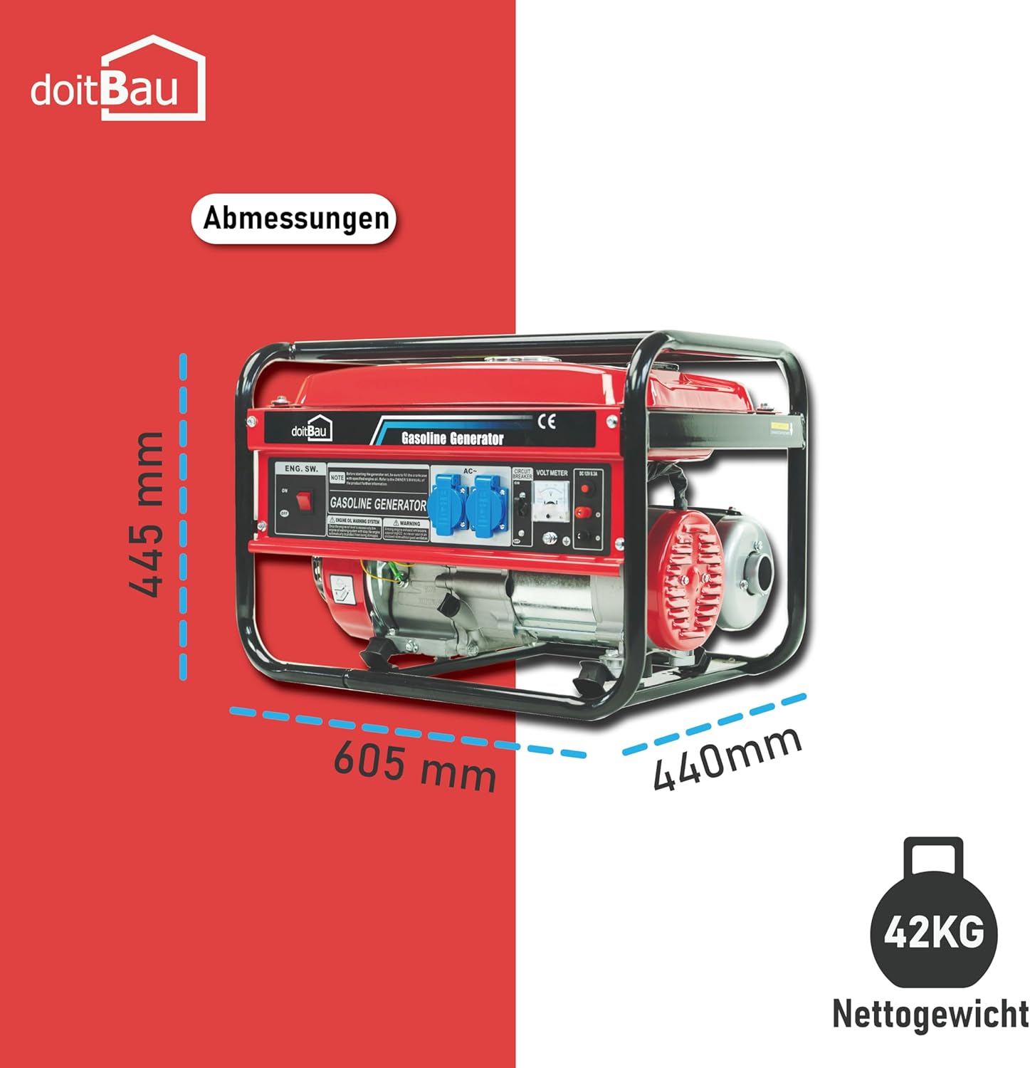doitBau 3000 W BS3500 benzinbetriebener Stromgenerator mit 3 kW Maximalleistung, Generator und Notstromgenerator, 7 PS, 4-Takt-AVR und Überlastschutz mit Seilzugstarter – Bild 3