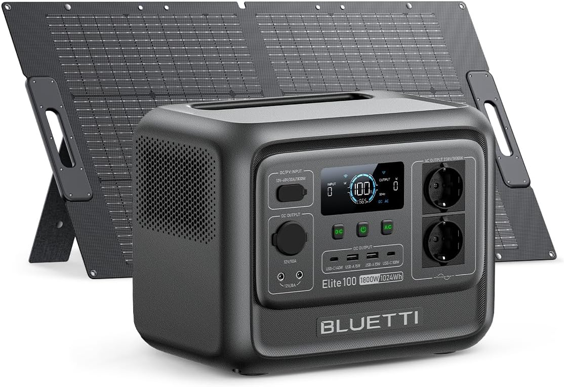 BLUETTI Solargenerator Elite 100 V2 mit 100 W Solarpanel, 1024 Wh tragbares Kraftwerk mit 2 1800 W AC-Ausgängen, 35 % kleiner, ideal für Camping, Notfälle, Backup