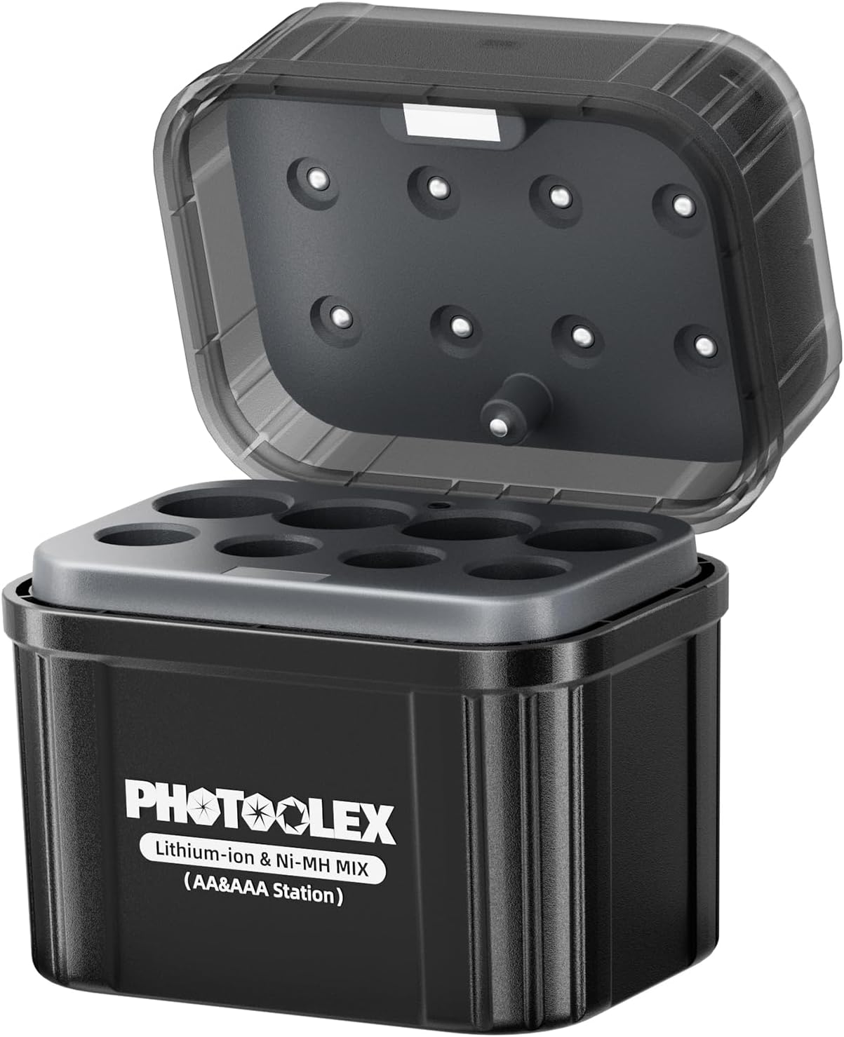 PHOTOOLEX AA/AAA Akku-Ladegerät für NiMH- und Lithium-Akkus, wiederaufladbares Akku-Hybrid-Ladegerät mit intelligenter LED-Anzeige, 4 AA- und 4 AAA-Ladeschächten und Schnellladefunktion
