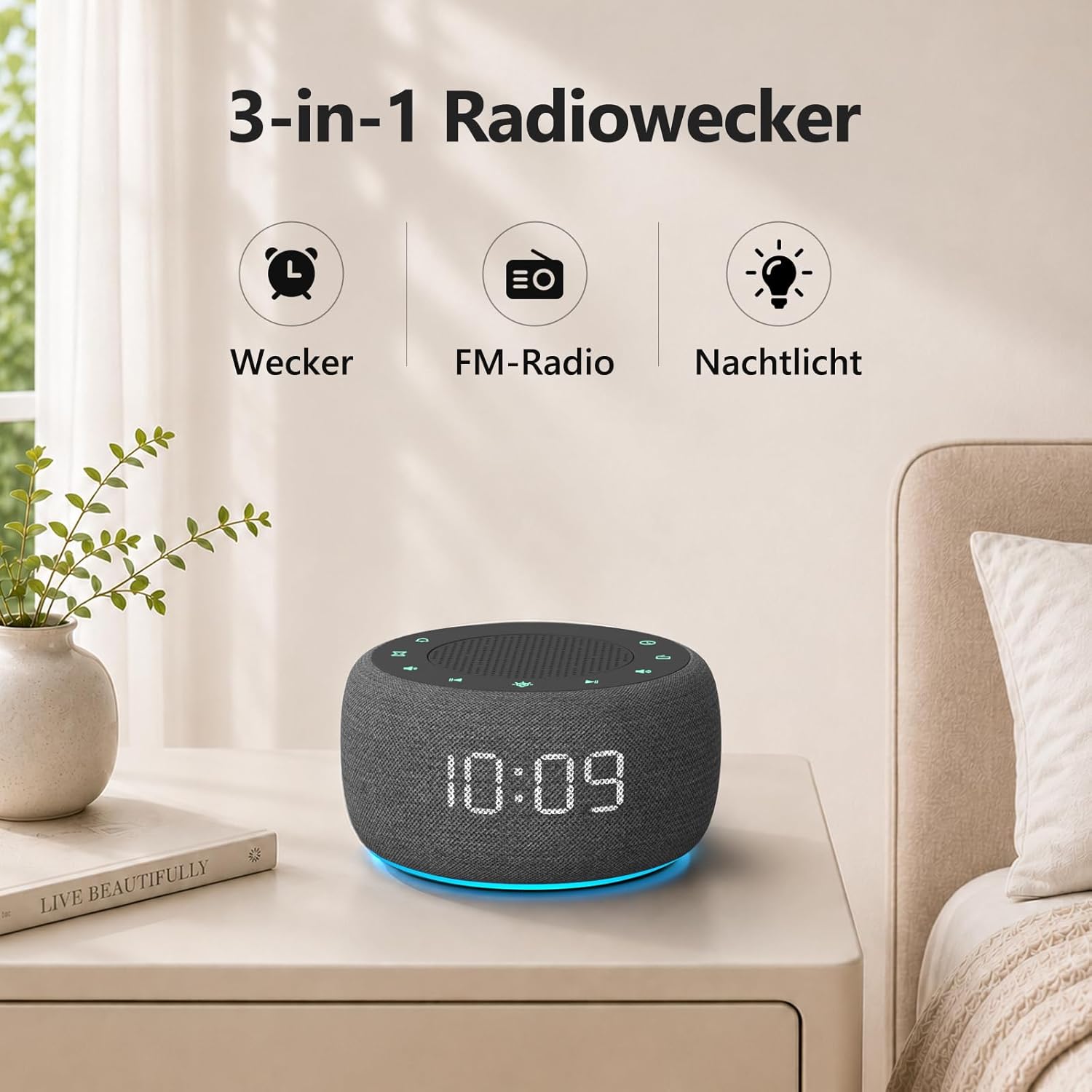 Buffbee Digitaler Radiowecker für Schlafzimmer – 7-Farben-Nachtlicht, High-Fidelity-Klangqualität mit nach oben gerichtetem Lautsprecher, 4 Alarmtöne, Vollbereichs-Display-Dimmer für den Nachttisch – Bild 2