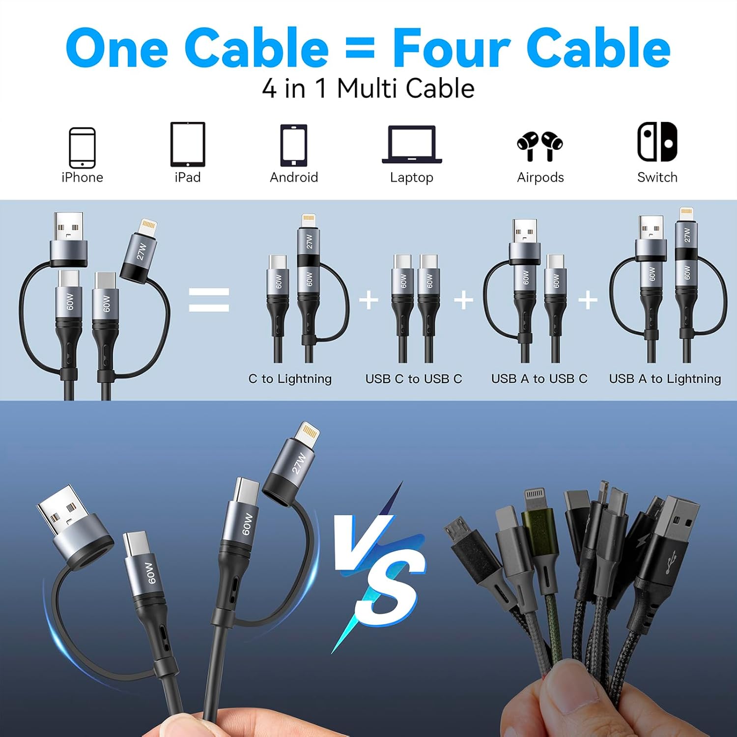 USB C Spiralkabel, 60W Kurzes USB auf USB C Kabel Schnellladekabel (40cm - 1,2m) USB C auf Lightning 4 in 1 Multi Ladekabel für iPhone 17 16 15 14 13 12 11 Pro Max X XS XR 8 7 6 Plus/Android Autokabel – Bild 3