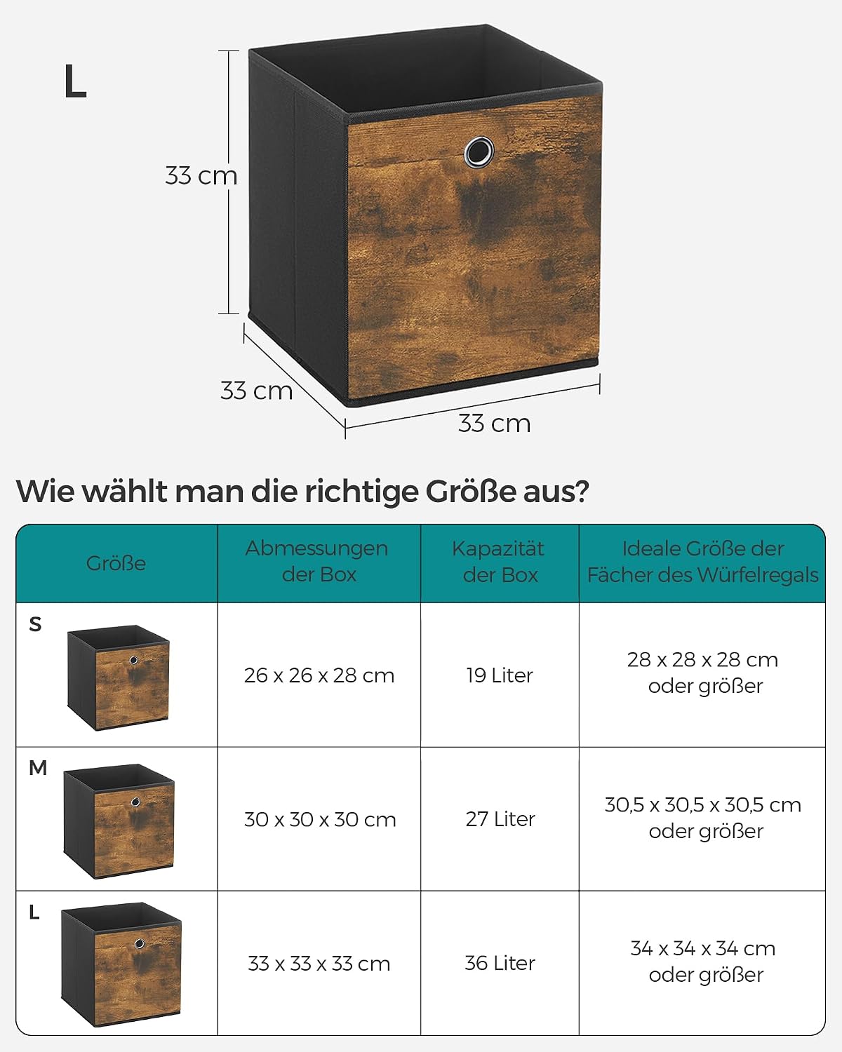 SONGMICS Aufbewahrungsboxen, 6er-Set, Oxford-Stoff, Faltbox, 33 x 33 x 33 cm, Stoffbox, für Würfelregal, Organizer für Kleidung, Vintage Braun/Schwarz, RFB133B01 | Fit Cube faltbare Aufbewahrungseinheit, 33 x 33 x 33 cm, Rustikales Braun und Schwarz, RFB133B01 – Bild 4