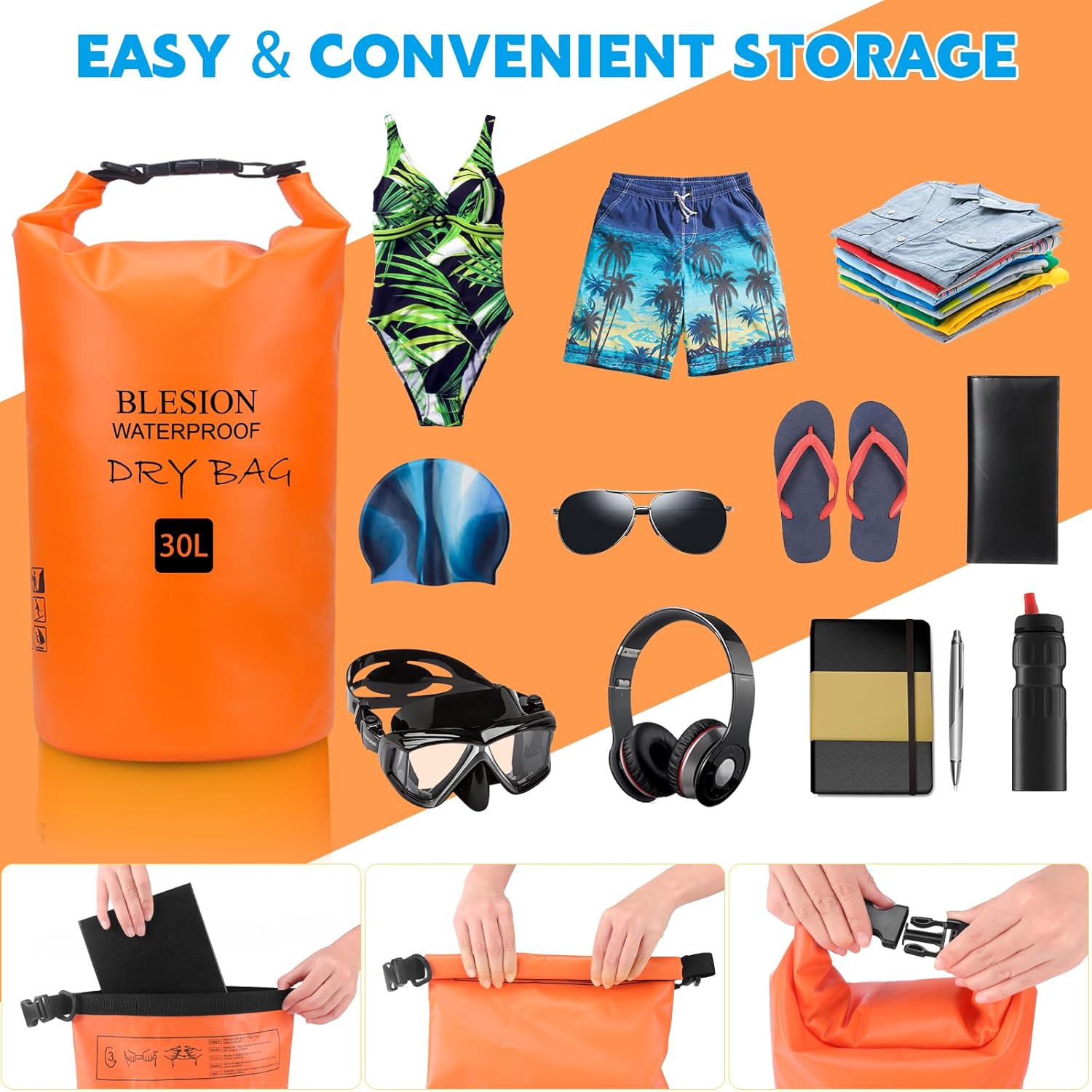 BLESION Trockentasche, 5 l/10 l/15 l/20 l/30 l, wasserdichte Tasche, verstellbarer Schultergurt, wasserdichter Rucksack für Kajakfahren, Angeln, Schwimmen, Wandern, Reisen – Bild 5