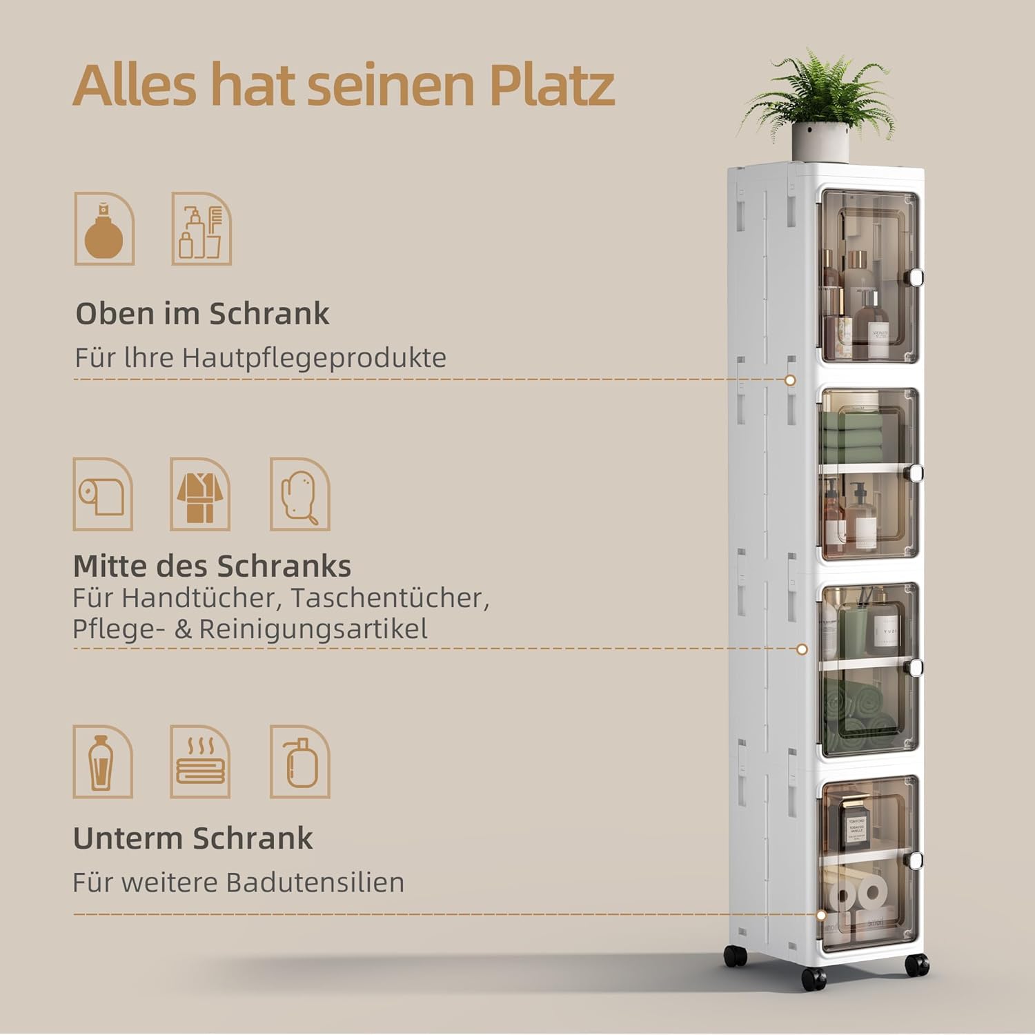 NETEL Stapelbox mit Tür und Rollen, schmaler Badezimmerschrank, Beistellschrank, Badezimmermöbel, Hochschrank, Badezimmer, 22 B x 25,5 T x 126 H cm – Bild 2