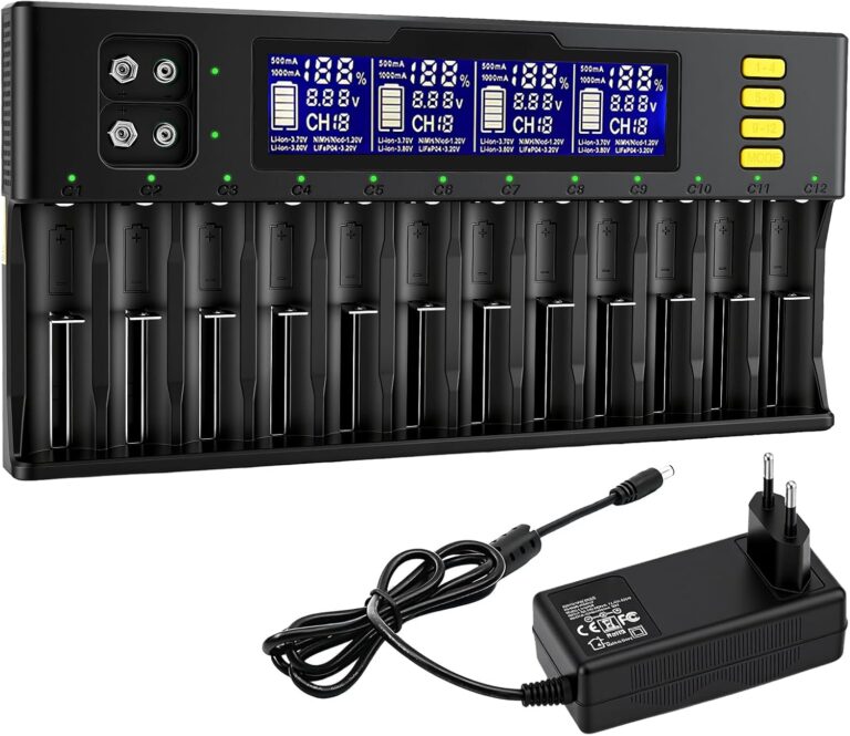 18650 Akku Ladegerät, 12+2 Slot Akku Ladegerät mit LCD Display – Universelles Schnellladegerät für 18650, 21700, 26650, AA, AAA, Li-Ion, LiFePO4, NI-MH, NI-Cd Akkus