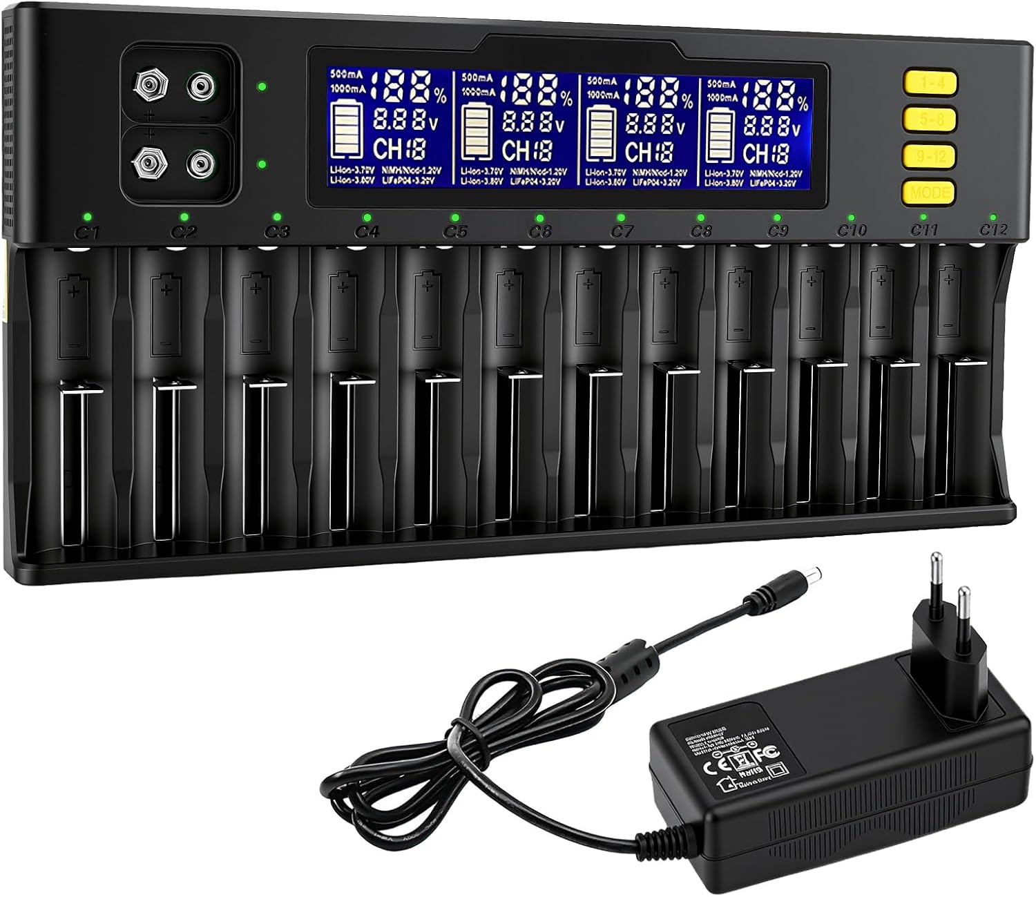 18650 Akku Ladegerät, 12+2 Slot Akku Ladegerät mit LCD Display – Universelles Schnellladegerät für 18650, 21700, 26650, AA, AAA, Li-Ion, LiFePO4, NI-MH, NI-Cd Akkus