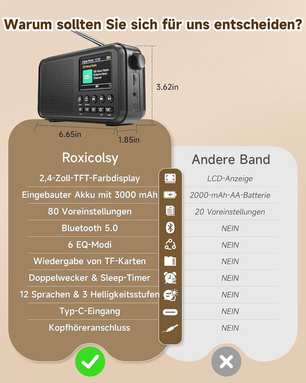 Roxicosly Tragbares DAB/DAB+-Radio, 80 Voreinstellungen, FM-Digitalradio mit 3000-mAh-Akku, Küchenradio mit Bluetooth 5.0, EQ-Modi, Sleep-Timer, Schlummerfunktion, TF/3,5-mm-AUX-Anschluss, Doppelalarm – Bild 7
