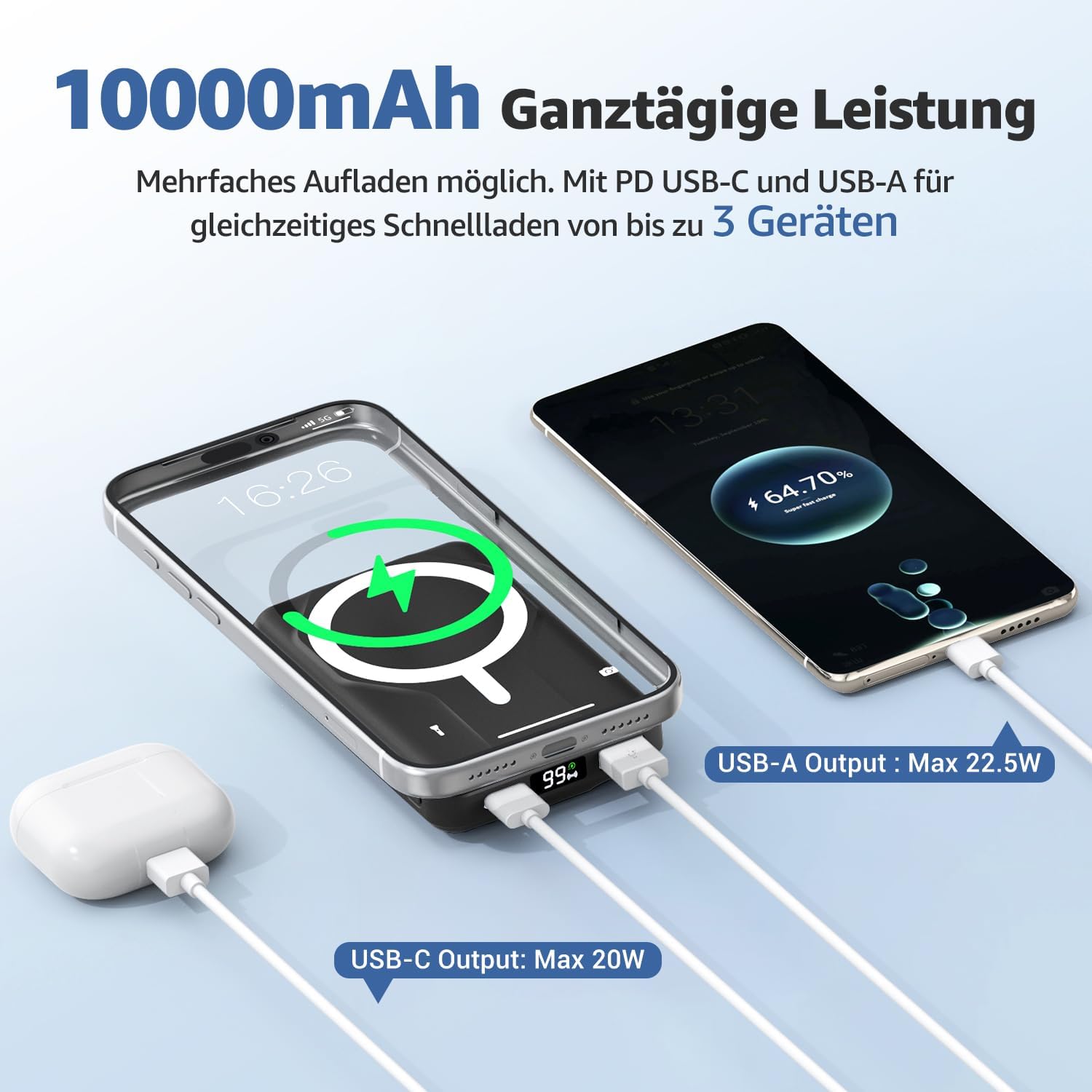 Azmuth Magsafe Powerbank 10000 mAh kabellos magnetisch für iPhone 17-12 | Kabellose Powerbank mit USB-C-Eingang und -Ausgang, 22,5 W USB-A, Klappständer und LED-Bildschirm für iPhone 17/16/15/14/13/12 – Schwarz – Bild 3