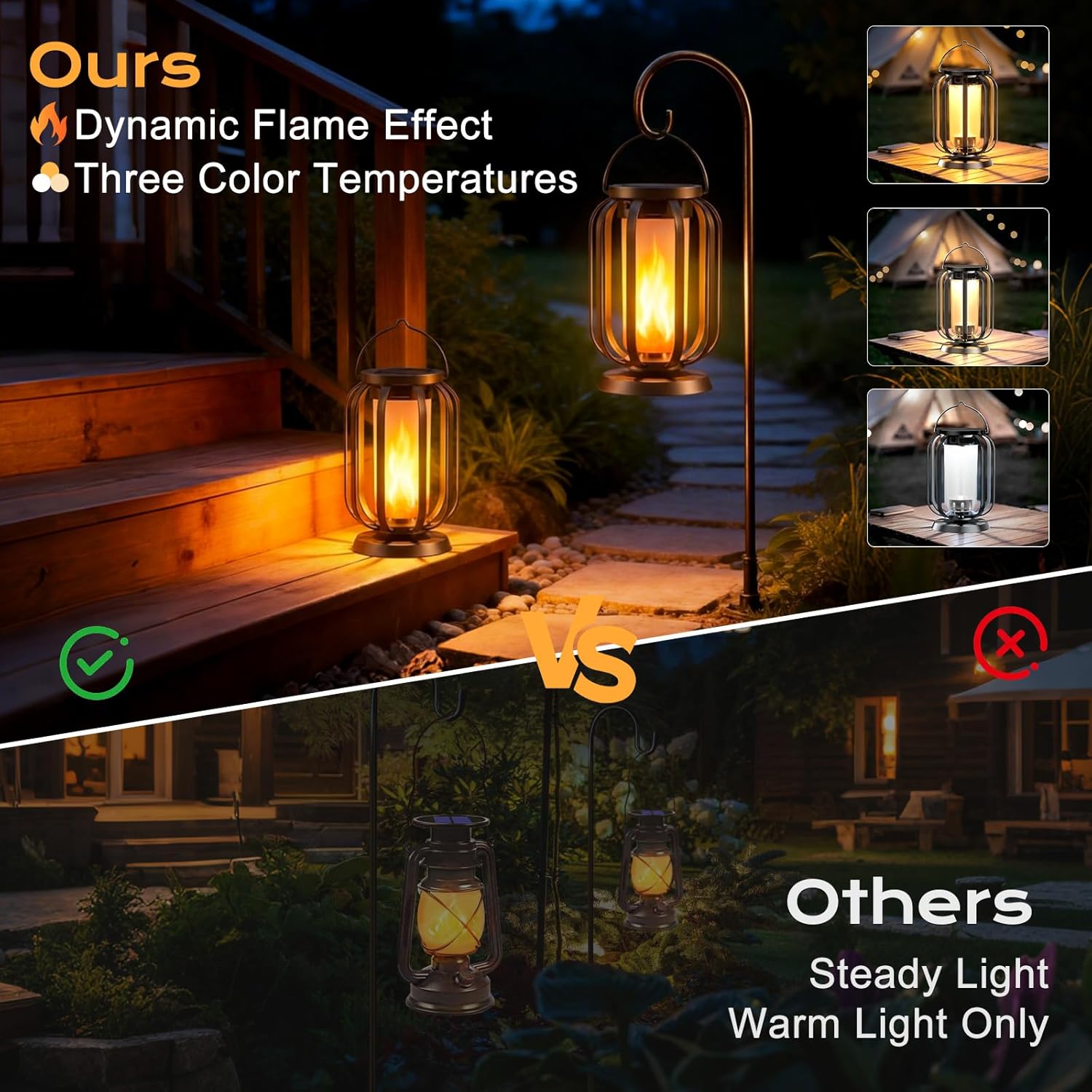 Solar-Flammenlaterne zum Aufhängen im Freien, 2 Stück Solarleuchten IP65 wasserdicht mit 3 Farbtemperaturen, Balkon-Gartenlaterne, Halloween-Dekoration, Außenleuchten für Terrasse, Rasen, Hof, Camping – Bild 5
