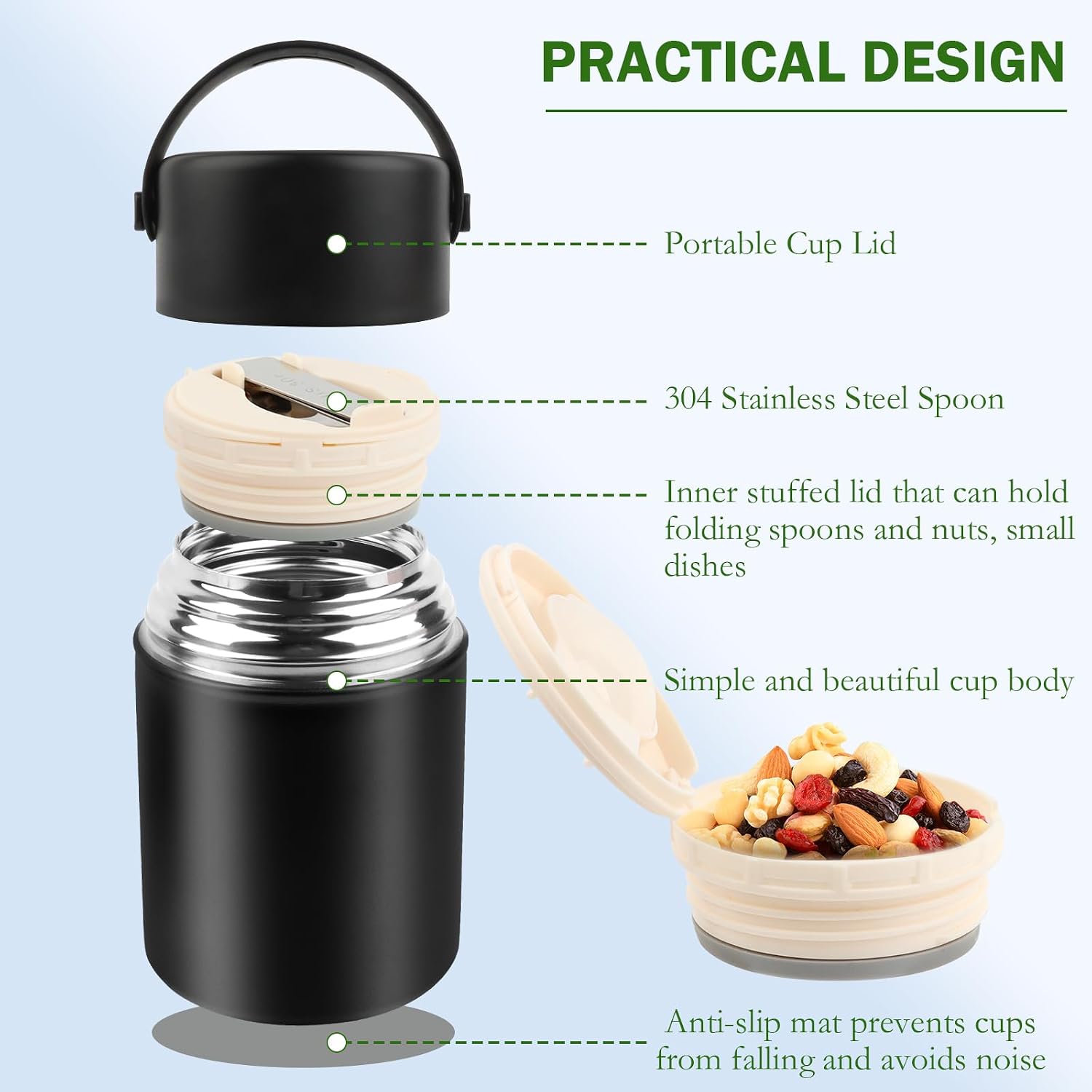 VMUTGA Thermobehälter 850 ml, Warmhaltebehälter aus Edelstahl, Müsli to go, Thermobox für das Mittagessen, Edelstahl-Thermobehälter für Lebensmittel mit faltbarem Löffel (schwarz) – Bild 2