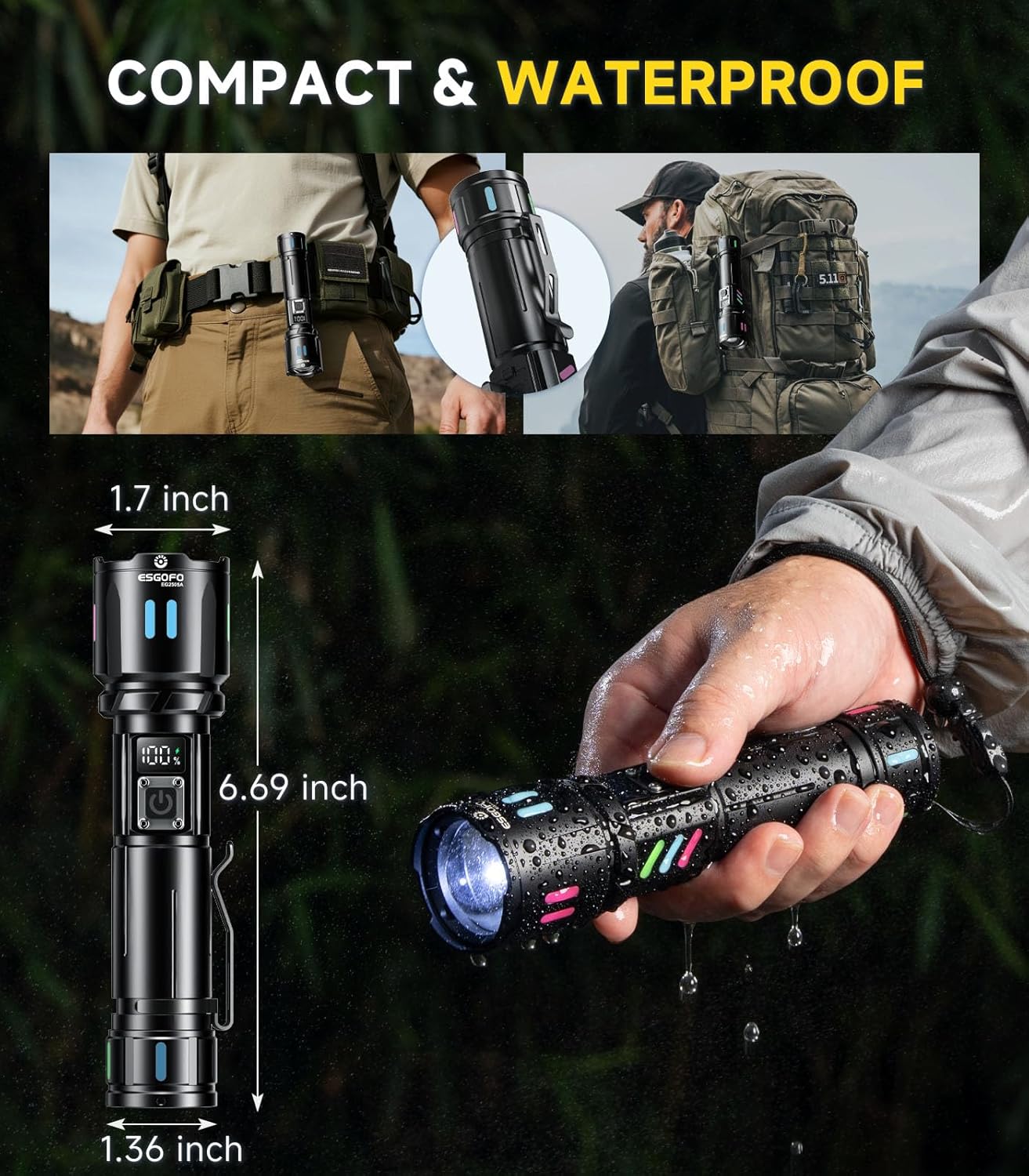 Esgofo Taschenlampe LED wiederaufladbar, extrem hell, 500.000 Lumen, sehr hell, langlebig, 15 Stunden, USB-C-Taschenlampe, große Reichweite 1000 m, einstellbarer Fokus und Lichtmodi, Taschenlampe für Sicherheit im Freien – Bild 6