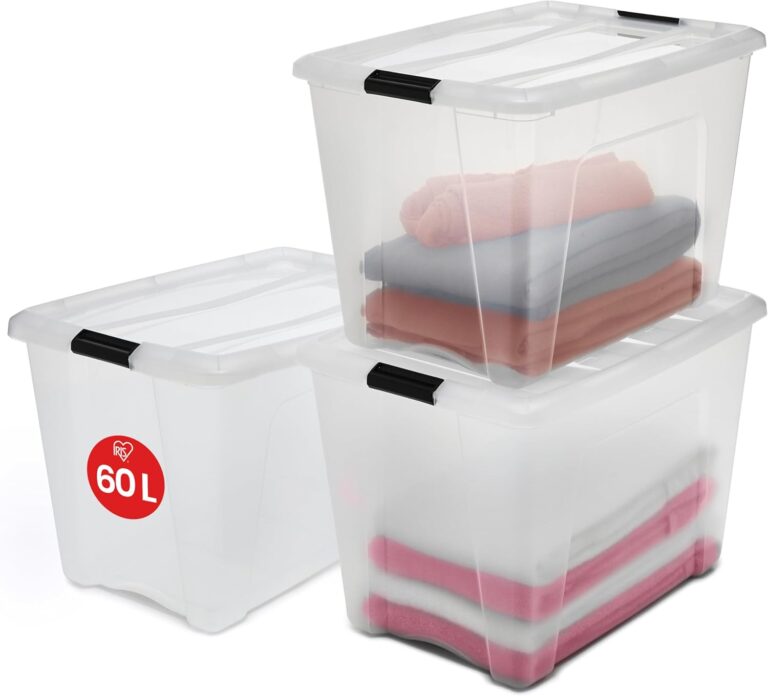 Iris Ohyama NTB-60 Aufbewahrungsboxen mit Deckel, 60 l, 3er-Set, transparent, sicherer Verschluss, stapelbar, Griffe für Schlafzimmer, Schrank, Organisation, BPA-freier Kunststoff, Organizer-Boxen, NTB-60