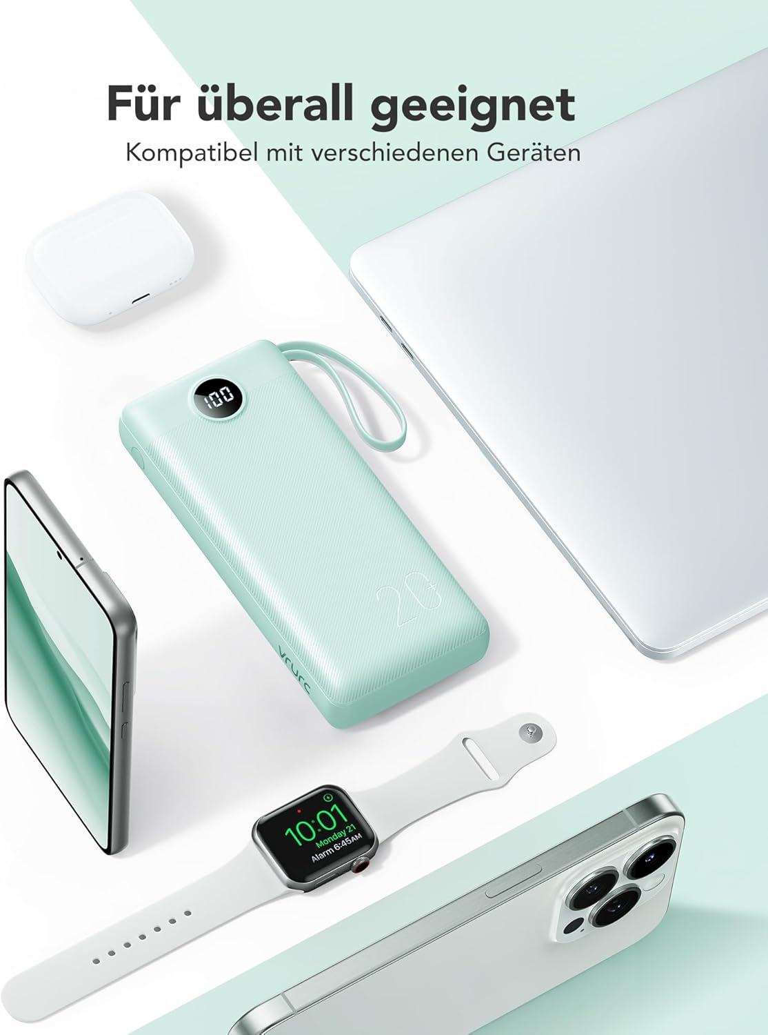 VRURC Powerbank, Powerbank 20000 mAh mit Kabel USB C Schnellladung 22,5 W Tragbares Ladegerät Schnellladung mit LED-Anzeige Externe Handy-Akkus Kompatibel mit iPhone, Huawei usw – Bild 9