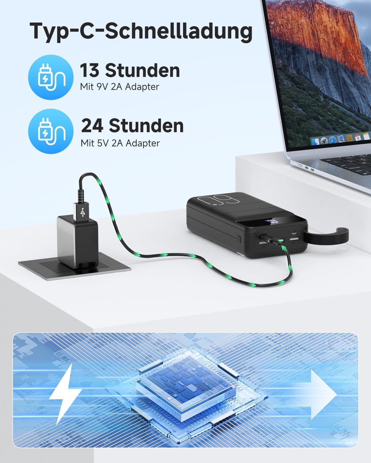 60.000 mAh Powerbank 22,5 W Powerbank PD USB-C Schnellladefunktion Externer Akku mit 4 Ausgängen und 2 Eingängen, kompatibel mit Smartphone, Tablets, Tablet etc. Schwarz – Bild 7