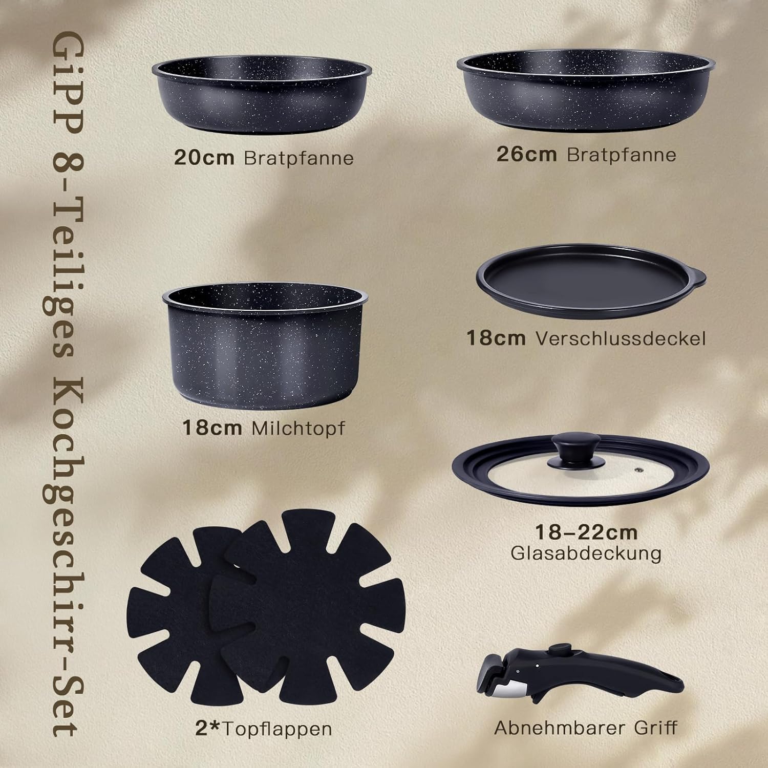 GiPP Granit-Pfannen-Set, 8-teilig, Kochtopf-Set, antihaftbeschichtetes Kochgeschirr mit abnehmbarem Griff, für alle Herdarten geeignet, spülmaschinenfest, ofenfest (schwarz, 8-teilig) – Bild 9
