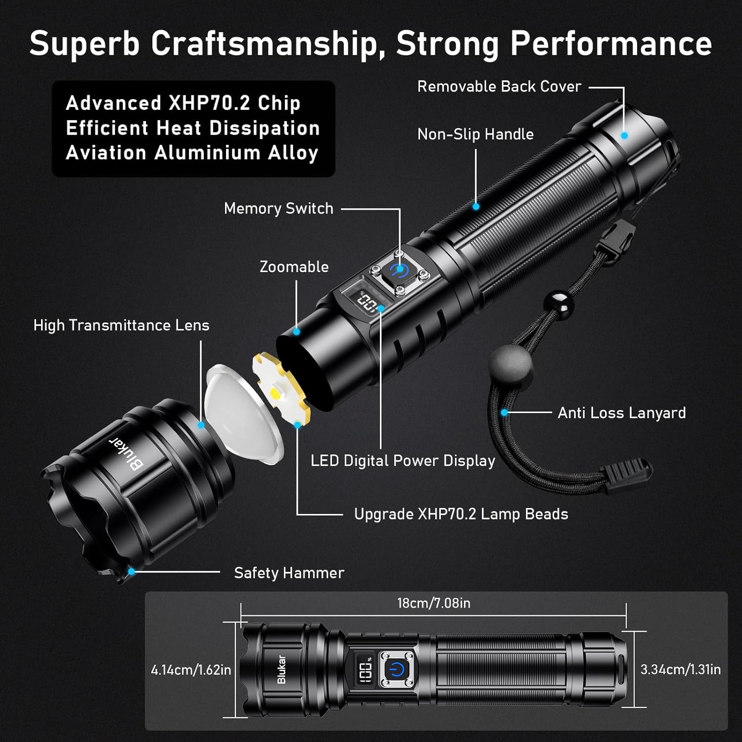 Blukar Taschenlampe LED wiederaufladbar, extrem helle Taschenlampe mit hoher Helligkeit | Zoombare Taschenlampen mit 5 Lichtmodi, IP67 wasserdichte Taschenlampe für Camping, Outdoor, Notfall – Bild 8