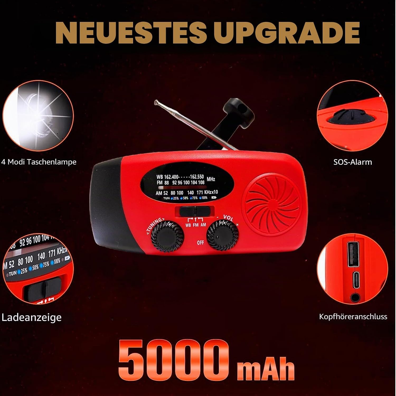 iRonsnow Notfall-Solarradio, tragbares Kurbelradio mit LED-Taschenlampe, wiederaufladbares 5000mAh-Netzteil, SOS-Alarm, AM/FM-Solarwindradio, USB-Ladegerät für Wandern, Camping (5000mAh Rot) | Tragbare, selbstbetriebene Radios mit SOS-Alarm, LED-Taschenlampe, Smartphone, USB-Ladegerät für Camping, Rot – Bild 3