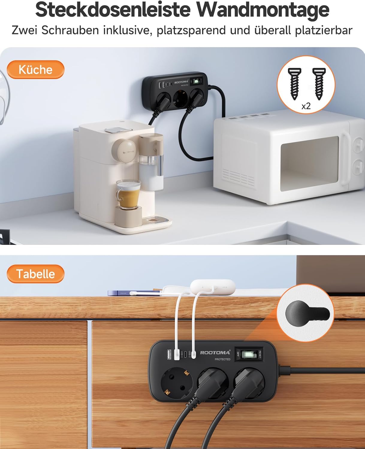 3-fach Steckdose mit Überspannungsschutz, Mehrfachsteckdose, 4 USB (2 USB-C), Steckdose mit Schalter und 1,5 m Kabel, Wandmontage für Zuhause, Büro, Schwarz – Bild 5