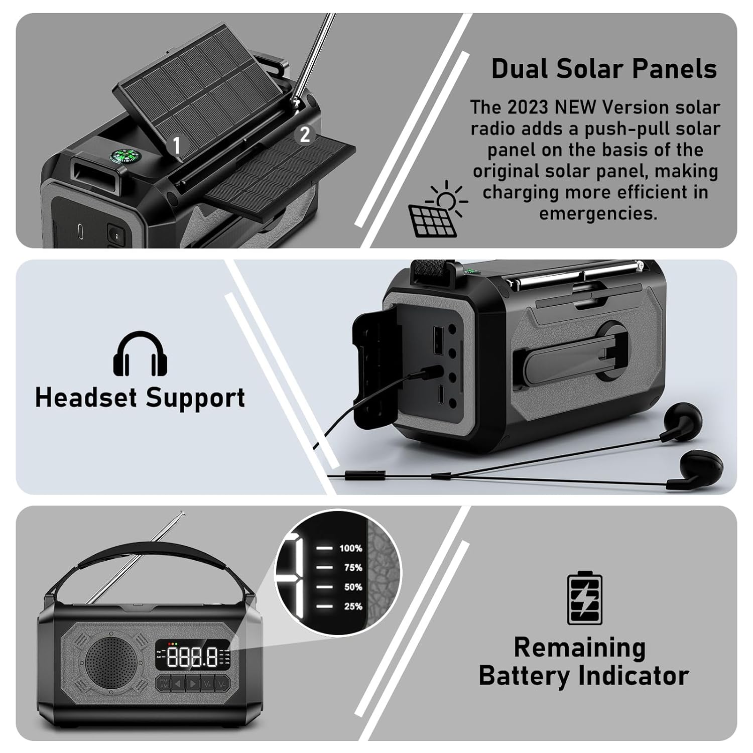 12000 mAh Kurbelradio mit Handy-Ladefunktion, Solarradio mit 2 Solarpanels, tragbares AM/FM-Notfallradio mit Kopfhöreranschluss/Leselicht/LED-Taschenlampe/Kompass/SOS-Alarm für Camping Outdoor G – Bild 3