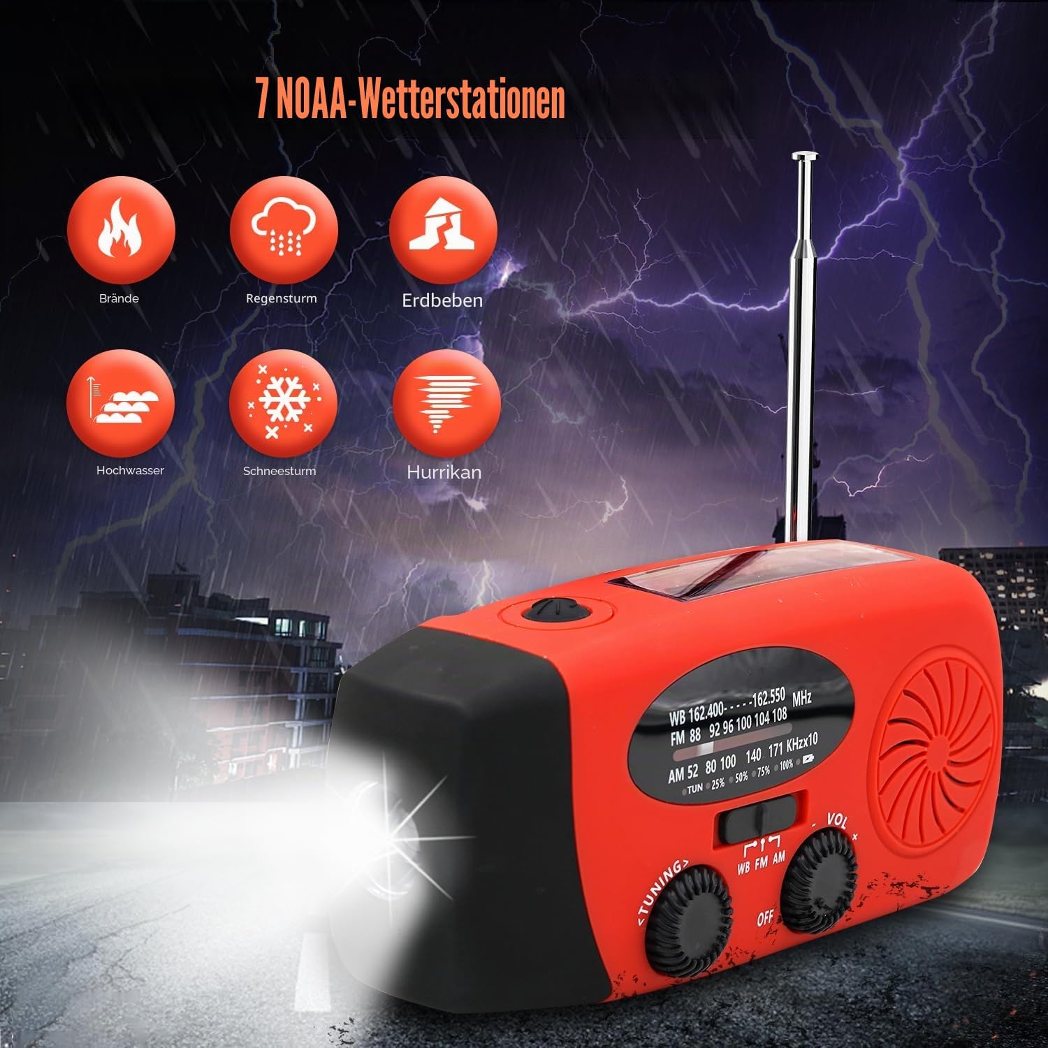 iRonsnow Notfall-Solarradio, tragbares Kurbelradio mit LED-Taschenlampe, wiederaufladbares 5000mAh-Netzteil, SOS-Alarm, AM/FM-Solarwindradio, USB-Ladegerät für Wandern, Camping (5000mAh Rot) | Tragbare, selbstbetriebene Radios mit SOS-Alarm, LED-Taschenlampe, Smartphone, USB-Ladegerät für Camping, Rot – Bild 7