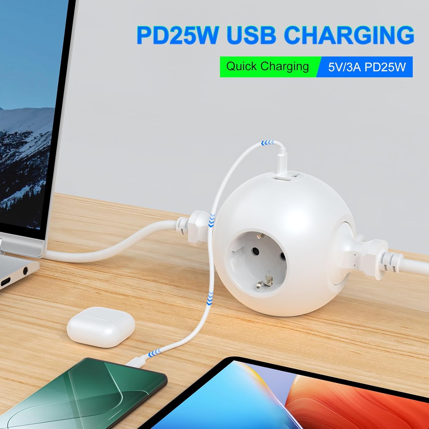 PD 25W Steckdosenleiste Cube mit 1 USB A und 2 USB C, Steckdosenleiste mit 3-fach Steckdosenadapter, Kugelsteckdose mit 2m Kabel (3680W 16A für Bürosteckdosen, weiß) – Bild 4