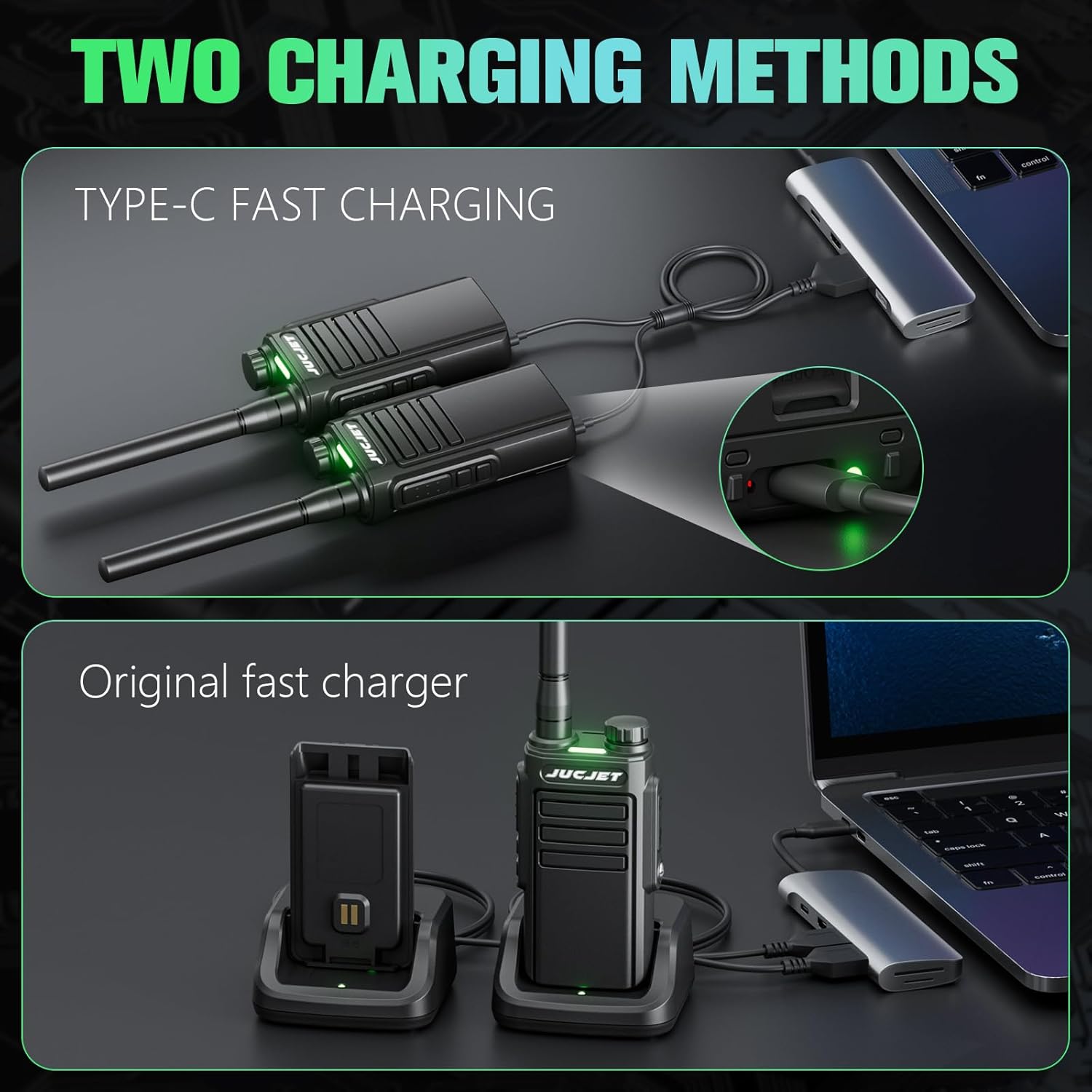 EP31 Walkie Talkie (4 Stück), IP54 wasserdichte Walkie Talkies, PMR446 Long Range Walkie Talkie, 2 in 1 TYPE C Ladekabel, mit USB Ladestation, Original Kopfhörer.(Schwarz) – Bild 3