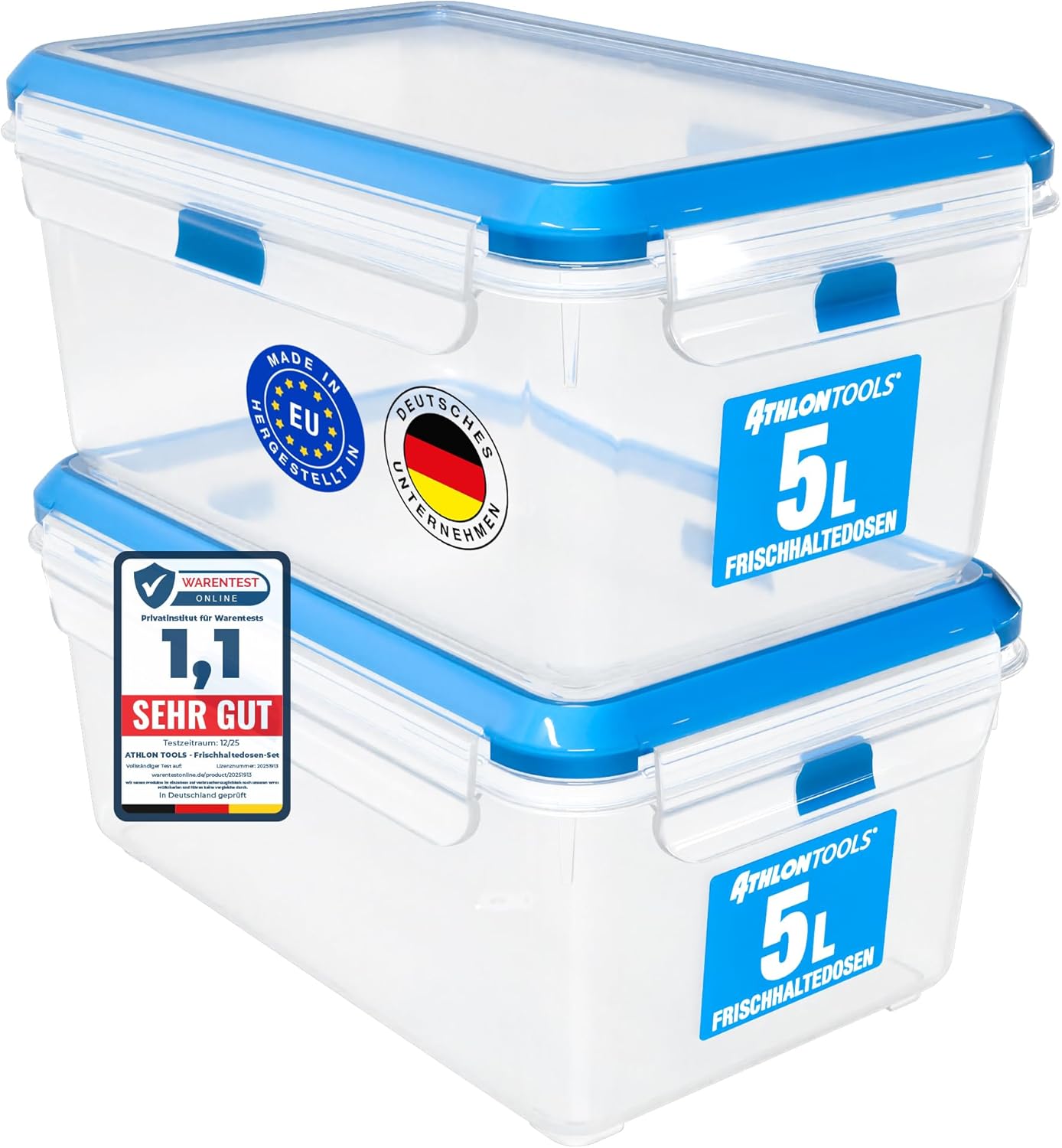 ATHLON TOOLS 2 x 5 L Frischhaltedosen-Set in Gastro-Qualität – 100 % luftdicht und auslaufsicher -40 bis +100 Grad – für alle Lebensmittel – BPA-frei – Vorratsdosen für den Kühlschrank (hergestellt in der EU)