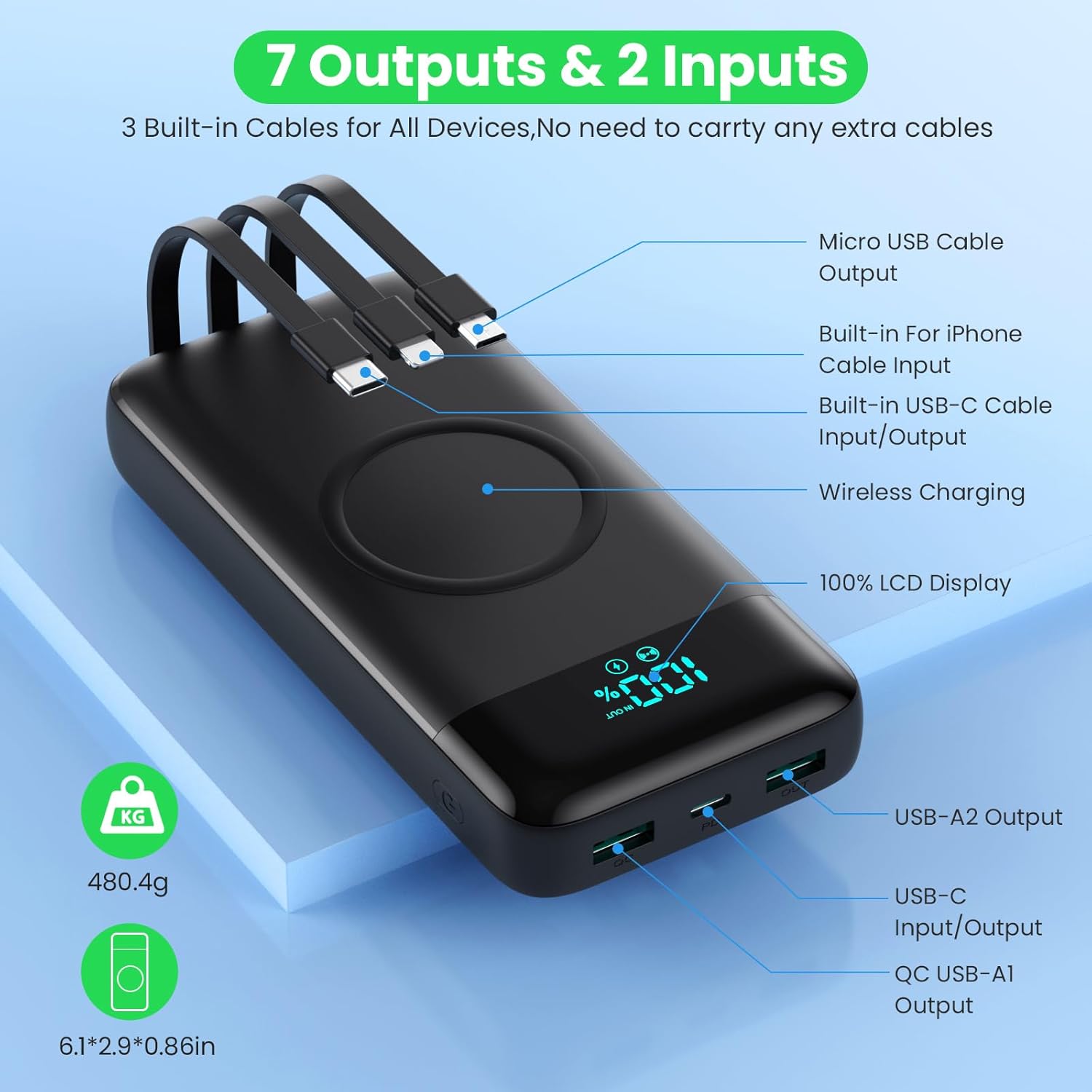Kabellose Powerbank 26800 mAh mit 3 Kabeln, 7 in 1 25 W PD3.0 + QC4.0 Schnelllade-USB-C-Powerbank, 6 Ausgänge, externe Handy-Akkus mit LCD-Display, kompatibel mit iPhone 17/16/15/14, Huawei, Samsung – Bild 4