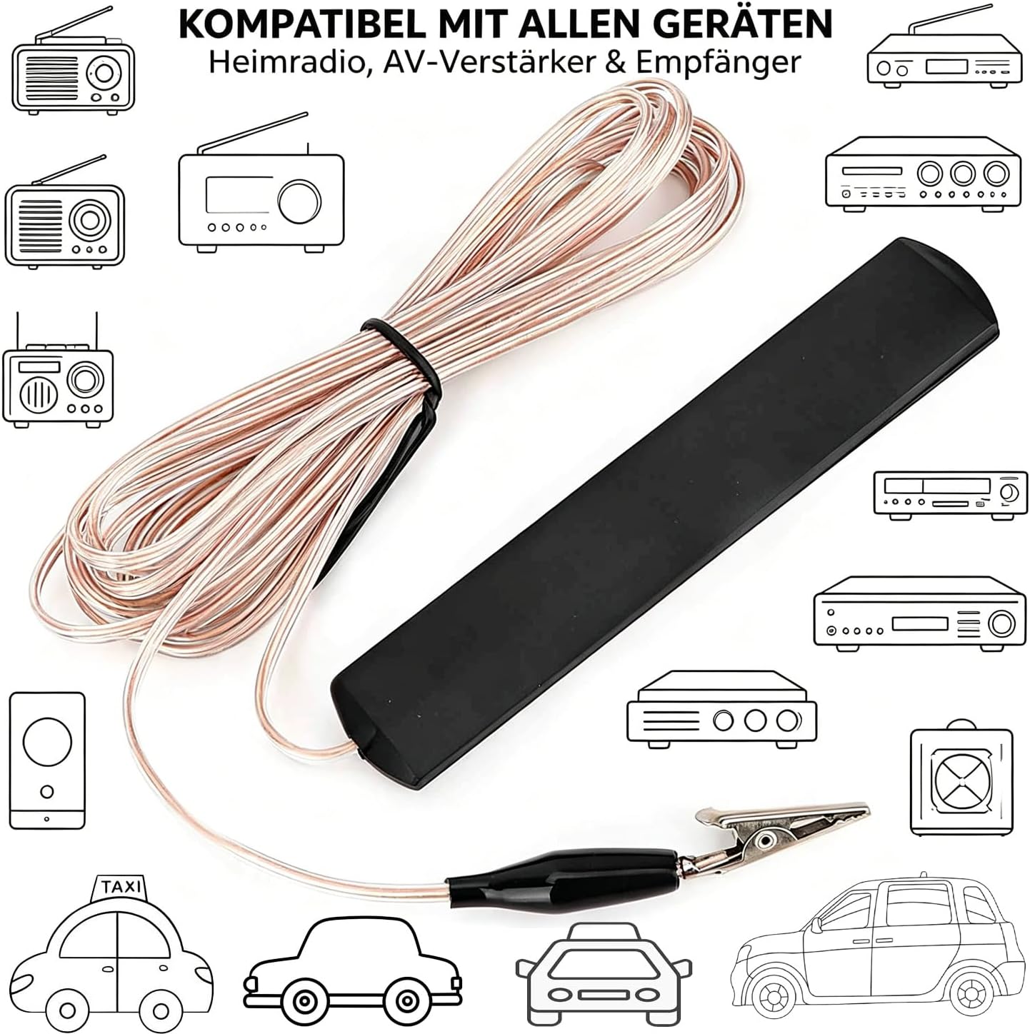 ANT-108SE Wurfantenne, 3,2 m, Kupferdraht, UKW-Antenne, Radio, 5 dB Verstärkung, Innenantenne FM, FM-Wurfantenne mit Klemme für Heim-Audio, Verstärker und AV-Receiver – Bild 2
