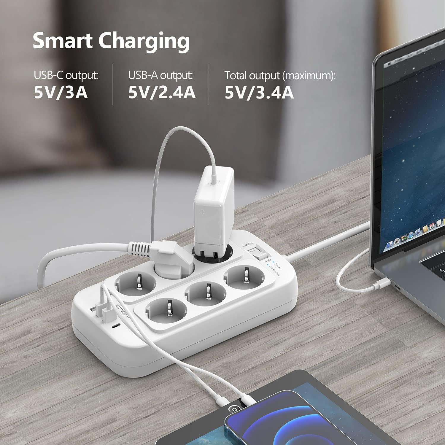 JSVER Steckdosenleiste 6 Fächer mit 4 USB-Ladeanschlüssen, Mehrfachsteckdose mit USB C, Wandmontage (3680 W), Überspannungsschutz mit 2 m Kabel, Verlängerungskabel für Smartphones, Laptop, Weiß – Bild 3