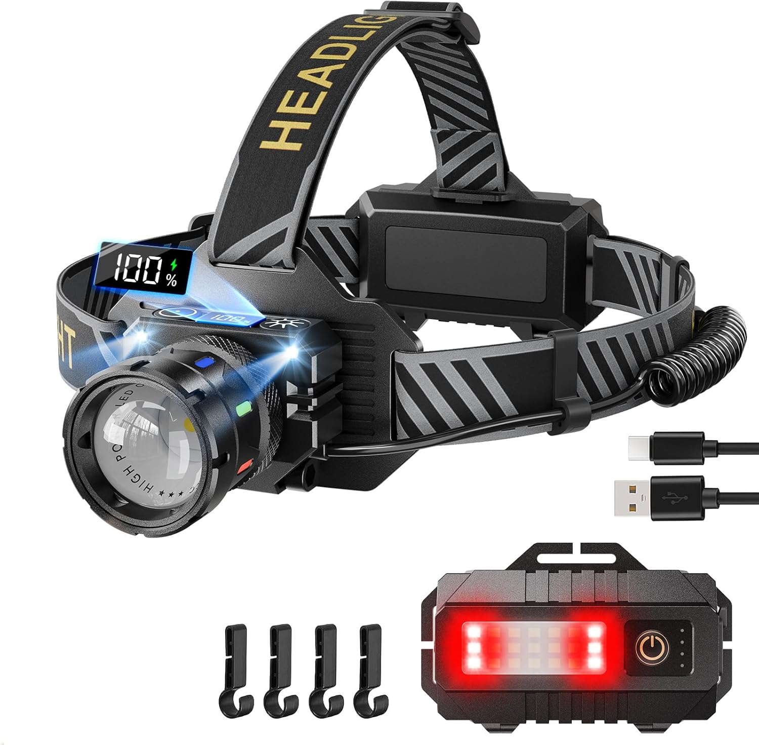 Wiederaufladbare LED-Stirnlampe, 80.000 lm, superhelle LED-Stirnlampe mit Rotlicht- und Sensormodus, 9 Lichtmodi, IP65 wasserdicht, 90° einstellbarer Fokus, zum Laufen, Camping, Wandern, Angeln