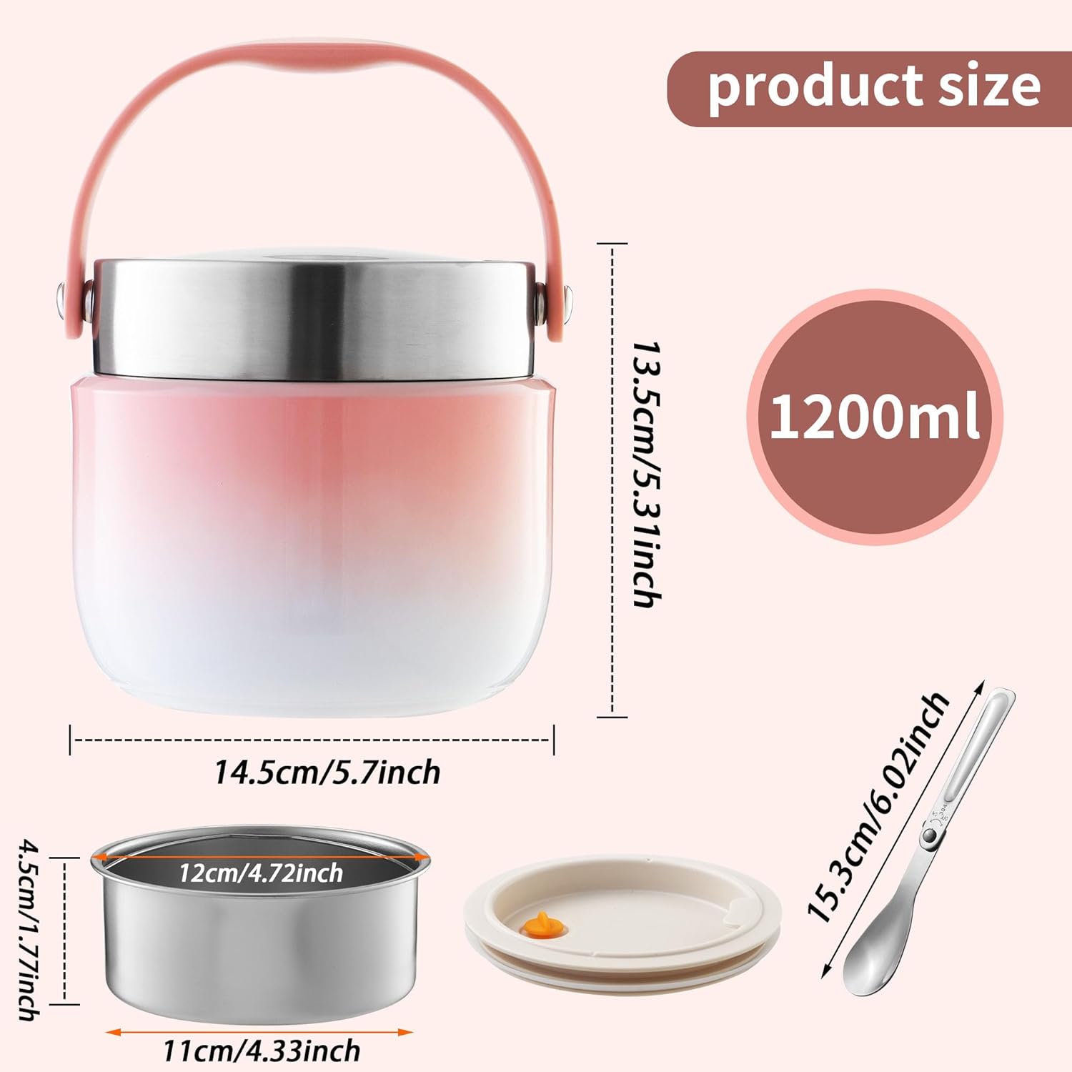 Thermo-Lebensmittelbehälter 1200 ml Fassungsvermögen Warmhaltebehälter Lebensmittel Thermoschüssel mit Deckel, Thermo-Lunchbox zur Aufbewahrung von Mittagessen, Suppen, Brei (Rosa) – Bild 3