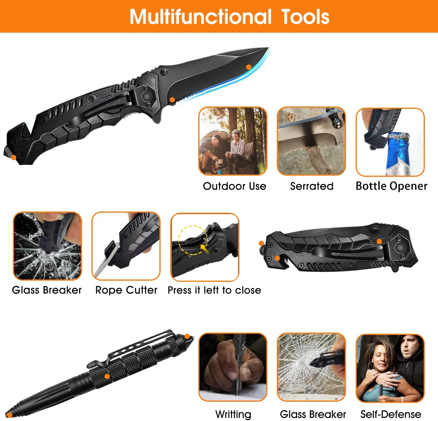 Überlebensset 13 in 1, professionelles Notfall-Überlebensset mit Klappmesser, Taschenlampe, Überlebensausrüstung für Outdoor-Camping, Abenteuer, Wandern, Jagen, Angeln, Männer, Väter – Bild 2