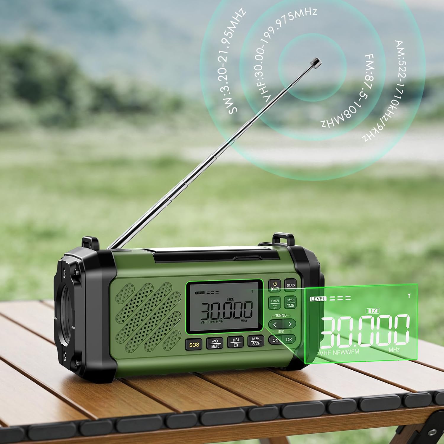 Vikeri Kurbelradio 12000 mAh, Notfallradio mit Kurbel und Solar mit AM/FM/SW, LED-Campinglicht, SOS-Alarm, Kompass, USB-C-Handyladung, tragbares Radio mit Tragegurt für den Notfall (Grün). – Bild 2