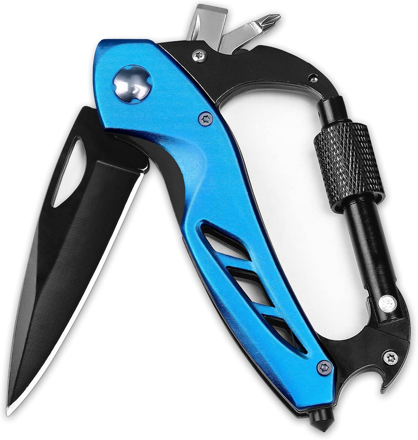 BEEK Multifunktionswerkzeug mit Flaschenöffner, Karabiner, Glasbrecher, Kreuzschlitzschraubendreher, Schlitzschraubendreher, Geschenke für Männer, Adventskalenderbefüllung (blau)