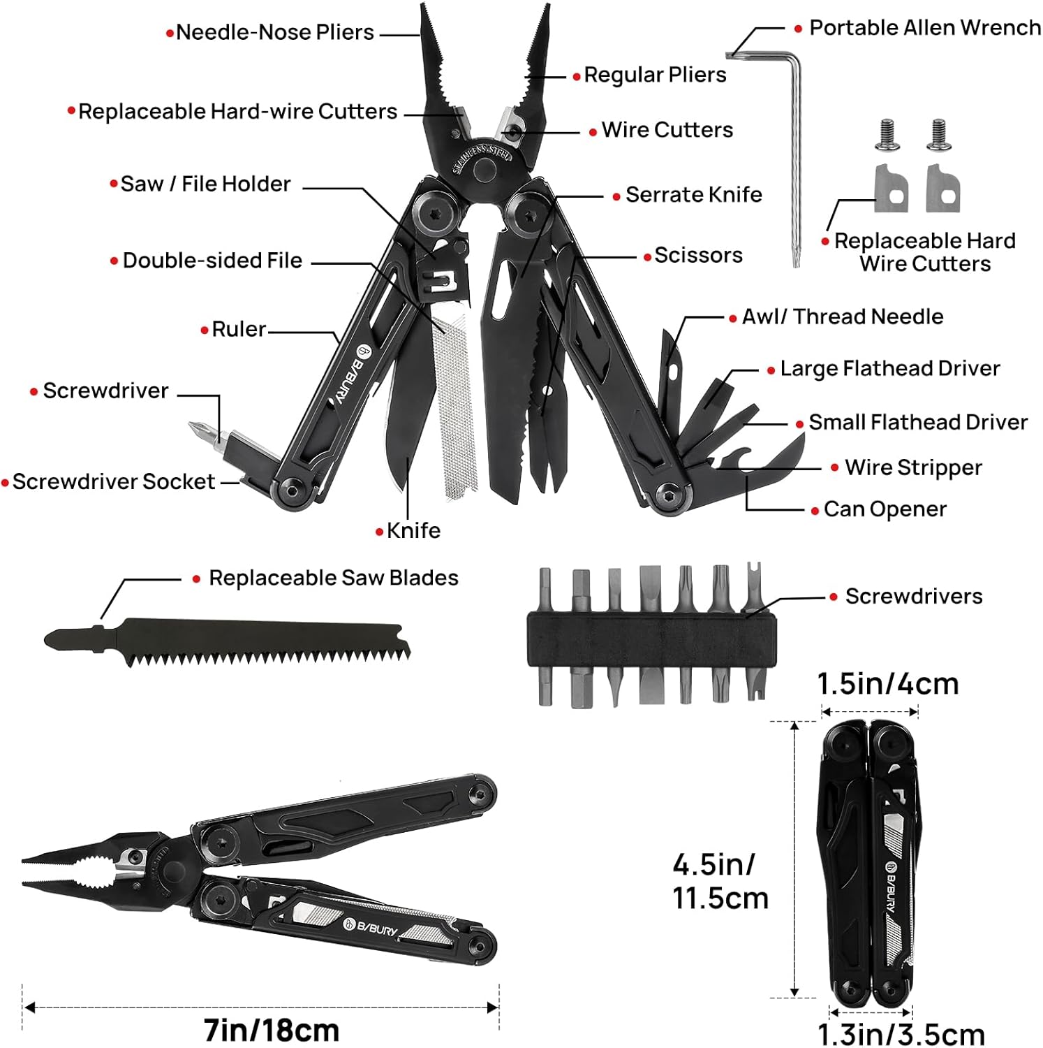 BIBURY 16-in-1-Multitool, faltbare Zange mit verbesserter Schere und Schraubendreher, mit Nylontasche, ideal für Outdoor, Wandern, Heimwerken, Reparaturen, Geschenk für Väter und Männer – Bild 2
