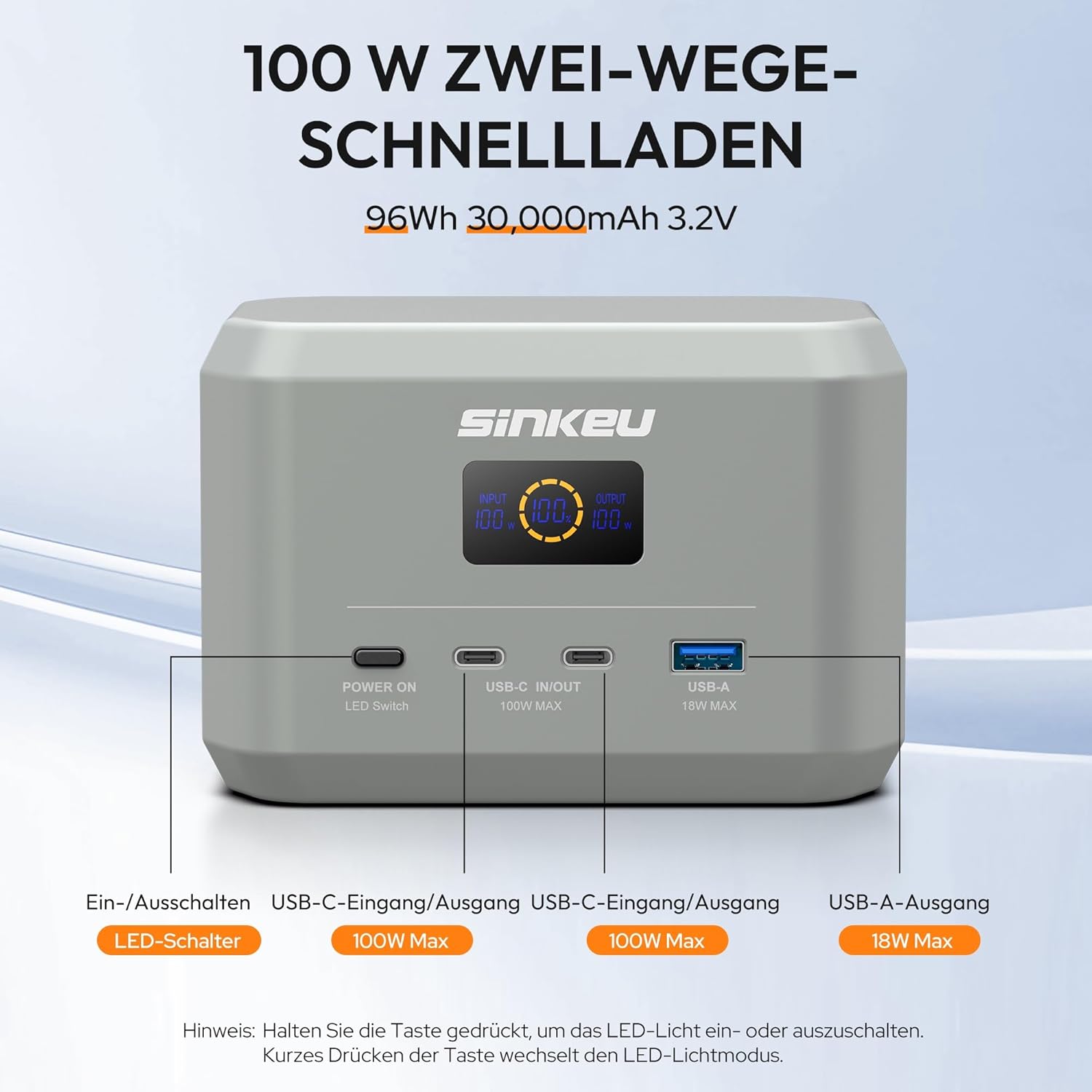 SinKeu Tragbares Kraftwerk, 96 Wh LiFePO4-Akku mit 3 Anschlüssen, USB-C 100 W Eingang/Ausgang, Schnelllade-Akku für Reisen, Notstromversorgung – Bild 2