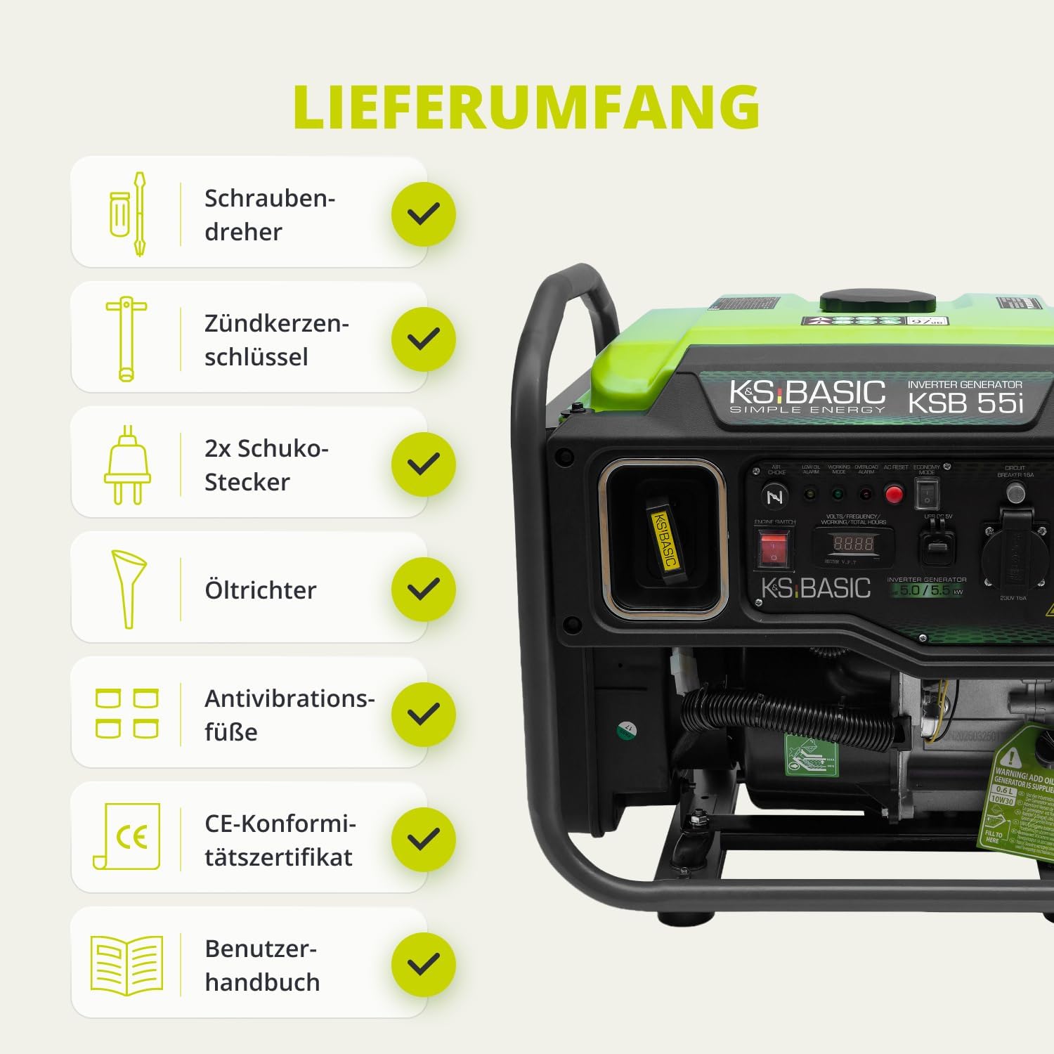 K&S Basic 30i Inverter-Generator 2800 W, 3000 W maximal, kompakter Notstromgenerator Benzin, reine Sinuswelle, Stromerzeuger mit Eco-Modus, für Heim-, Camping- und Werkstattarbeiten, Euro 5 – Bild 8