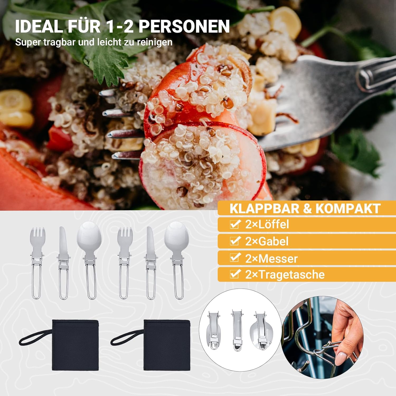 KingCamp Campinggeschirr, multifunktionales Robustes Camping Kochgeschirr | Mit Töpfen, Pfanne und faltbarem Besteck, alles ultraleicht stapelbar, ideal für Campingkocher, Outdoor, Wandern und Trekking – Bild 9