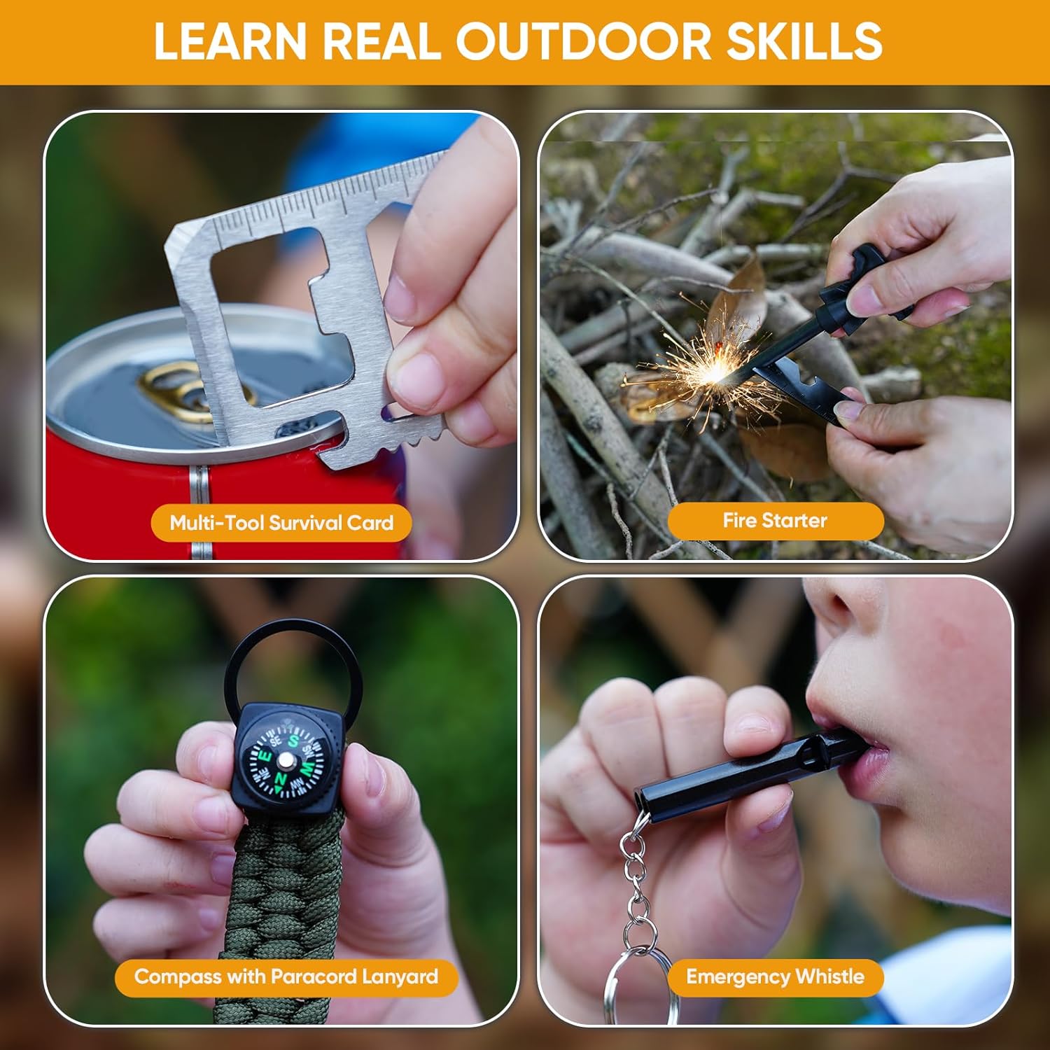 Outdoor-Survival-Set für Kinder mit Taschenmesser, Multitool, Feueranzünder, Kompass, Paracord, Pfeife, Karabinern und wasserdichter Tasche – Camping-Abenteuerset für Jungen und Mädchen – Bild 4