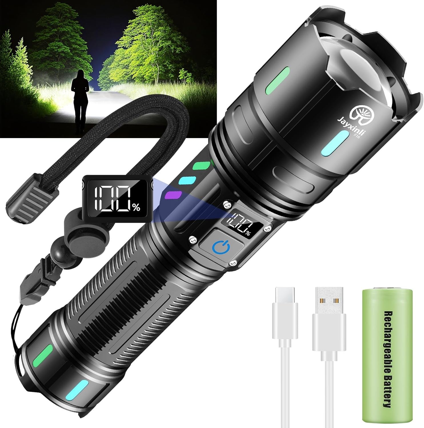 Jayxinli Taschenlampe LED wiederaufladbar 1000000 Lumen extrem hell | 5000 mAh LCD-Akkuanzeige, 5 Beleuchtungsmodi, zoombar, IP67 wasserdicht für Camping und Outdoor