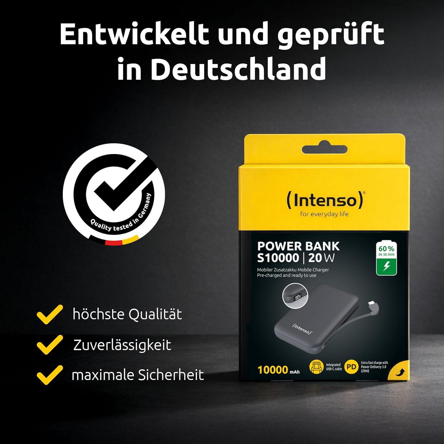 Intenso S10000 Powerbank mit integriertem USB-C-Kabel, 10.000 mAh, ultraschnelles Laden mit PD 3.0 (PPS), 20 W, Ladestatus in Prozent, in Deutschland getestet, grau – Bild 7