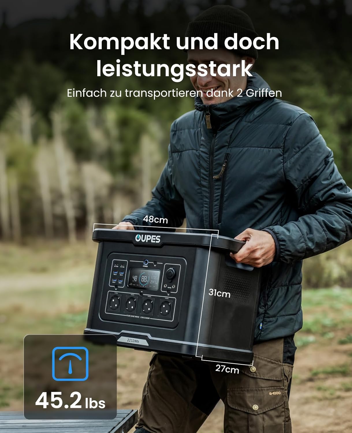 OUPES Exodus 2400 Tragbares Kraftwerk 2400 W, 2232 Wh Solargenerator mit 4 Steckdosen (Boost 2600 W, 4500 W Peak), Schnellladung 0-80 % in 50 Minuten, USV-Funktionsgenerator für Camping, Wohnmobil – Bild 9